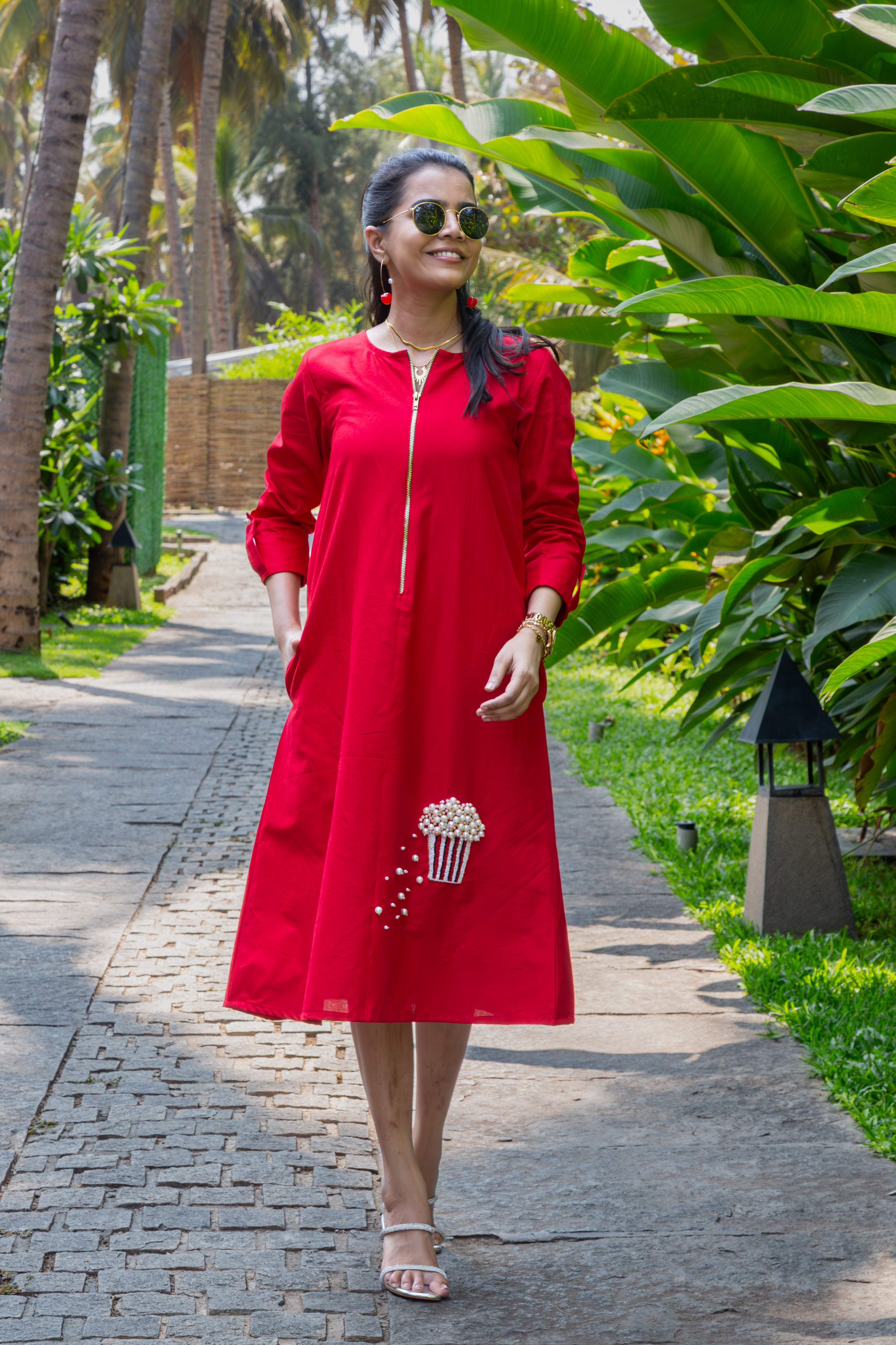 Red Twill Cotton Dress with Popcorn Pearl Embroidery