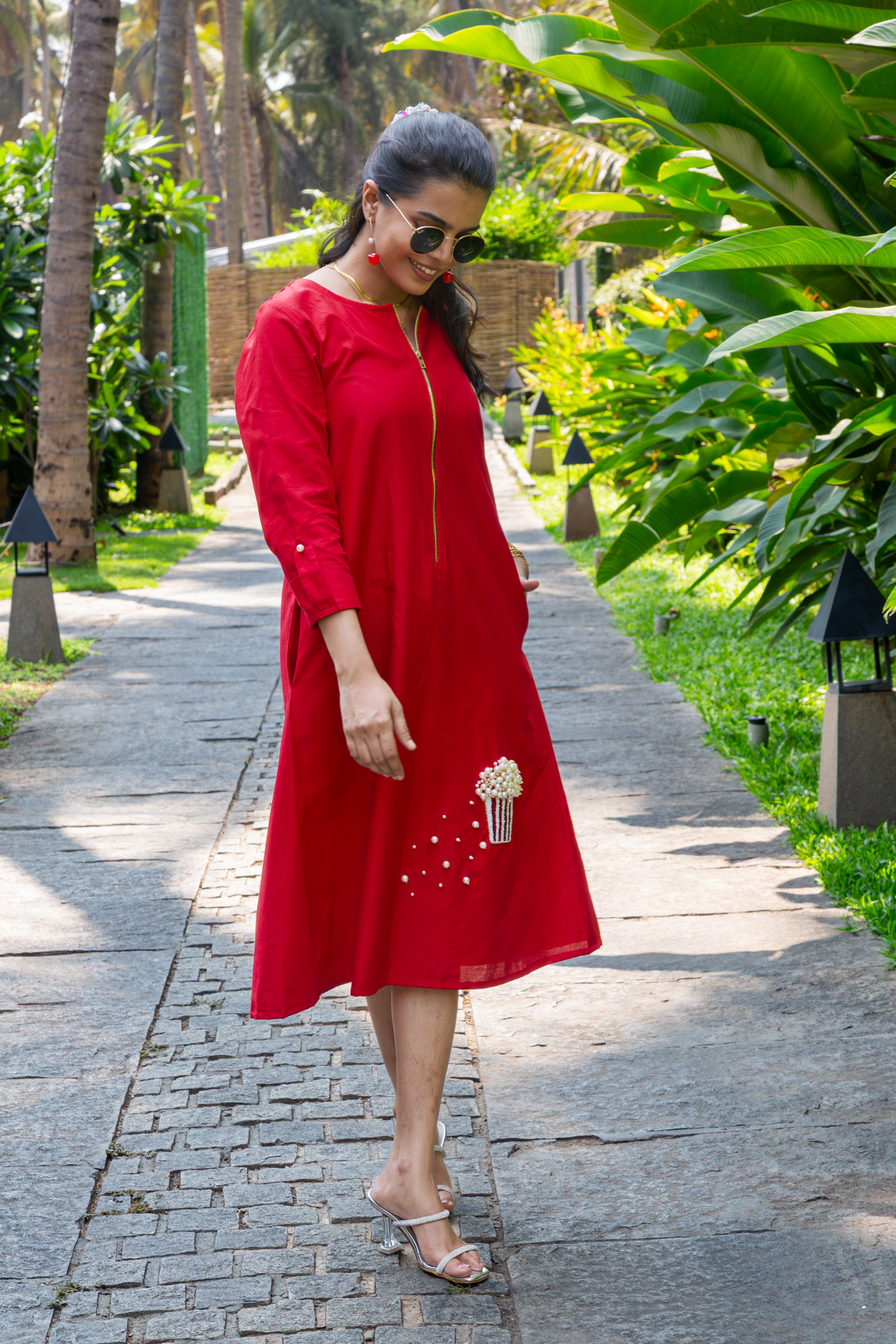 Red Twill Cotton Dress with Popcorn Pearl Embroidery