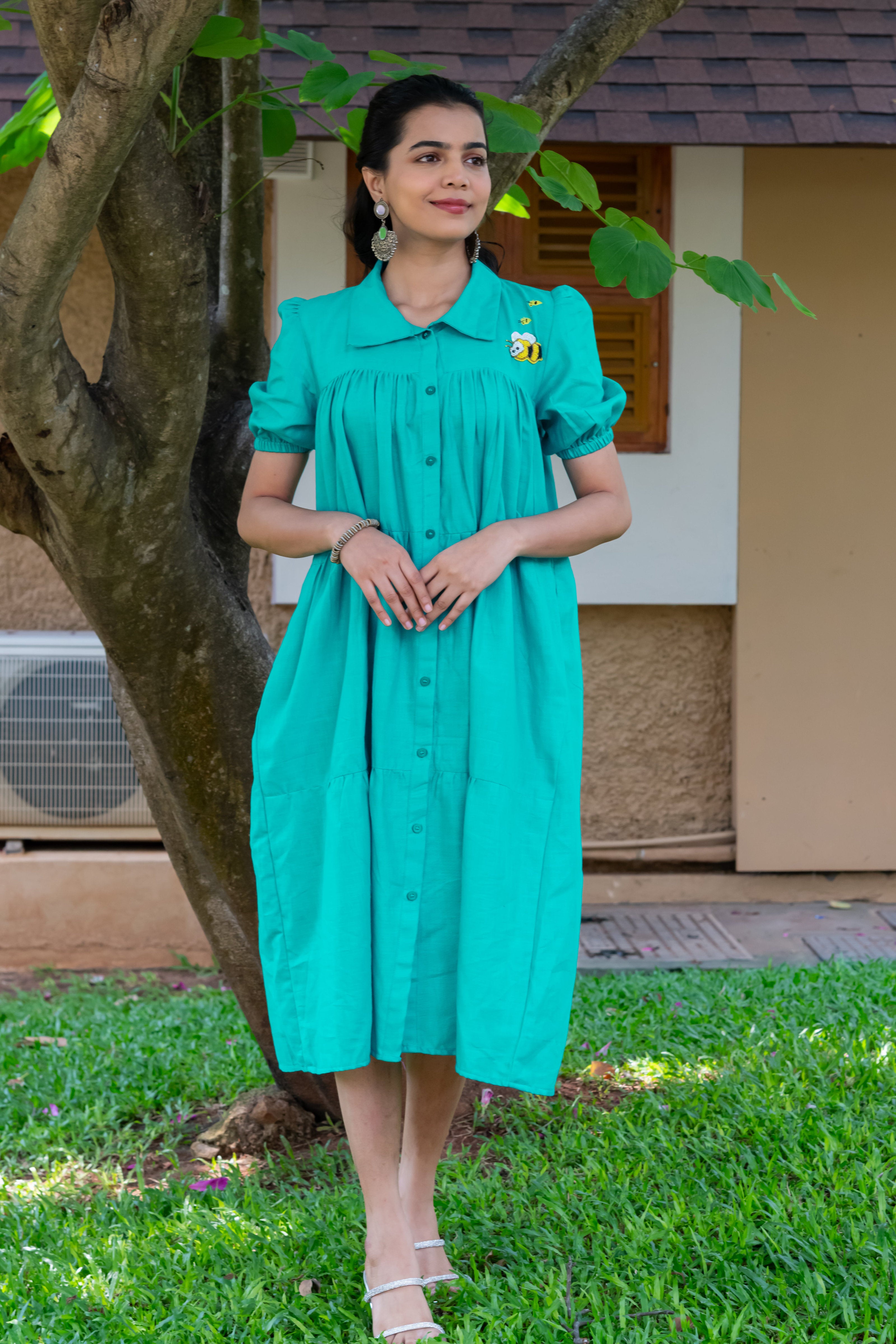 Teal Cotton Linen Dress with Honey Bee Embroidery