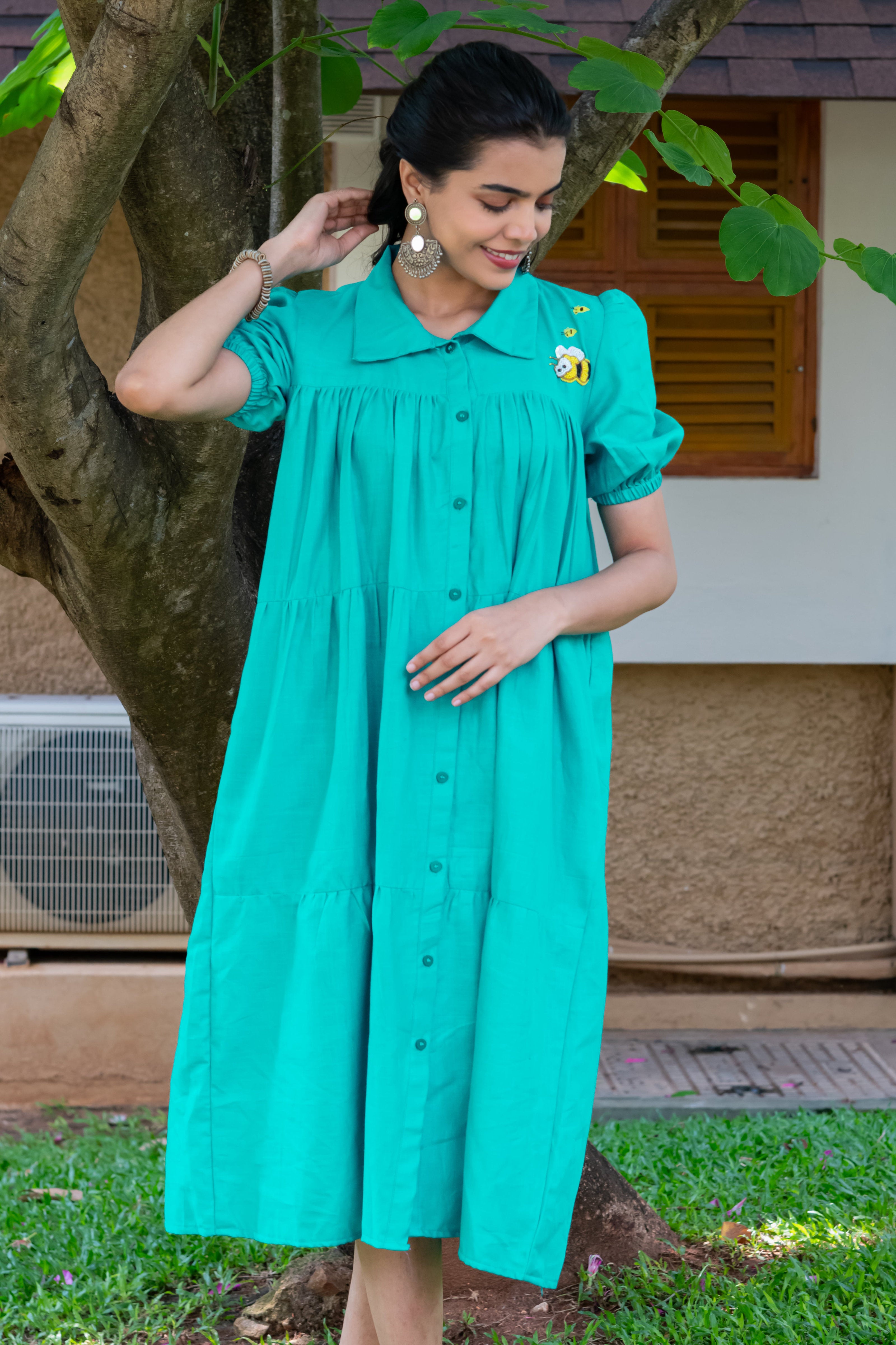 Teal Cotton Linen Dress with Honey Bee Embroidery
