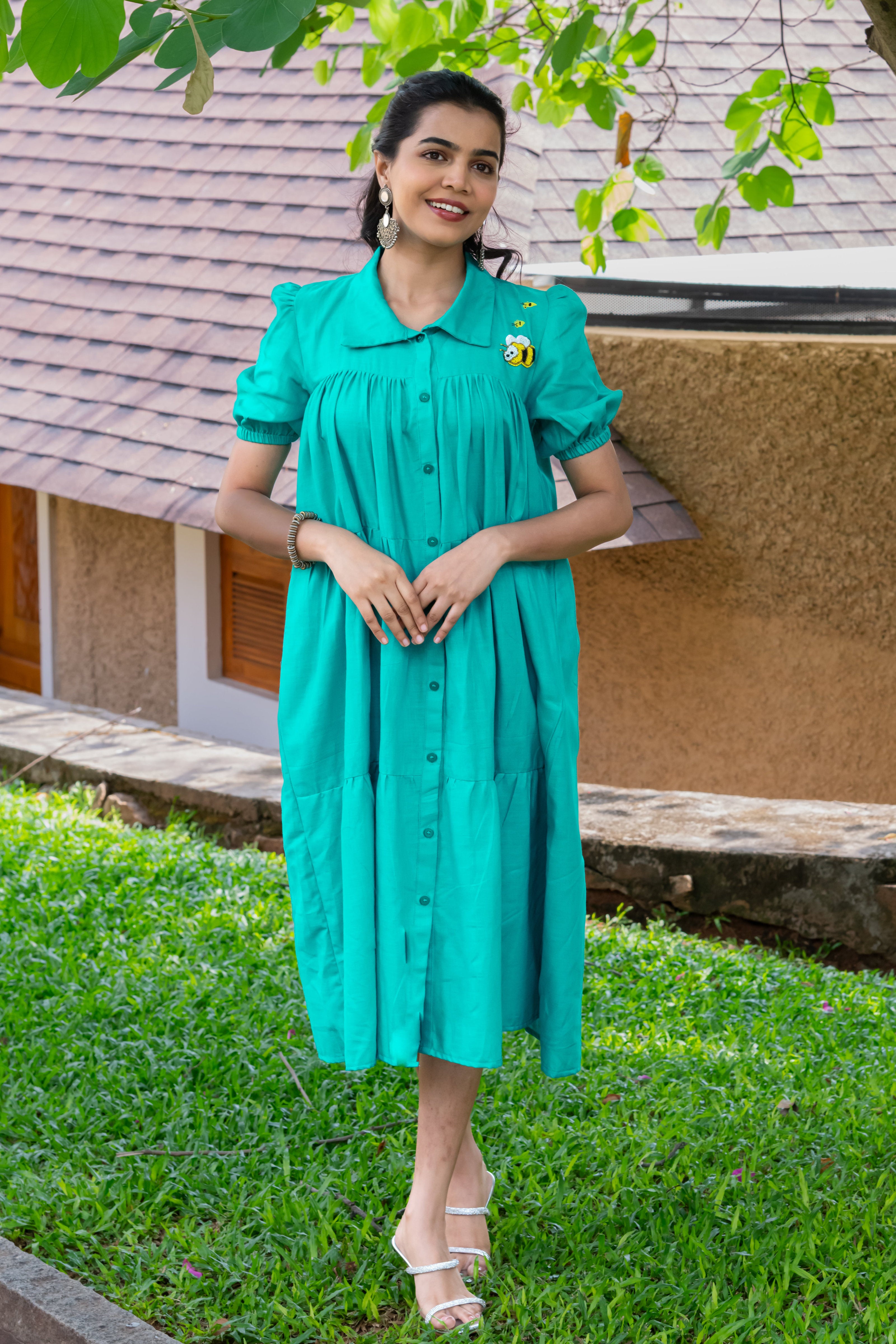 Teal Cotton Linen Dress with Honey Bee Embroidery
