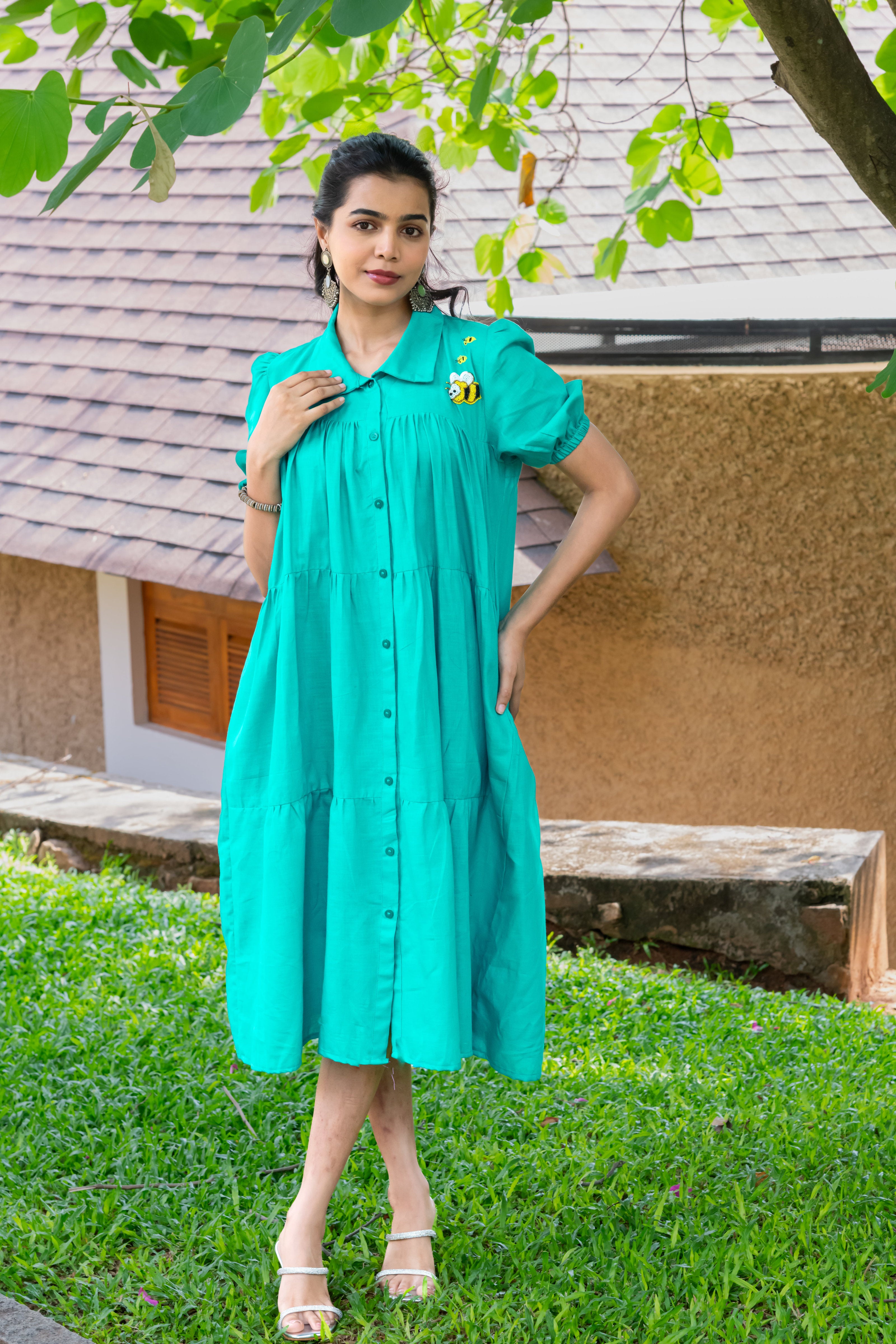 Teal Cotton Linen Dress with Honey Bee Embroidery