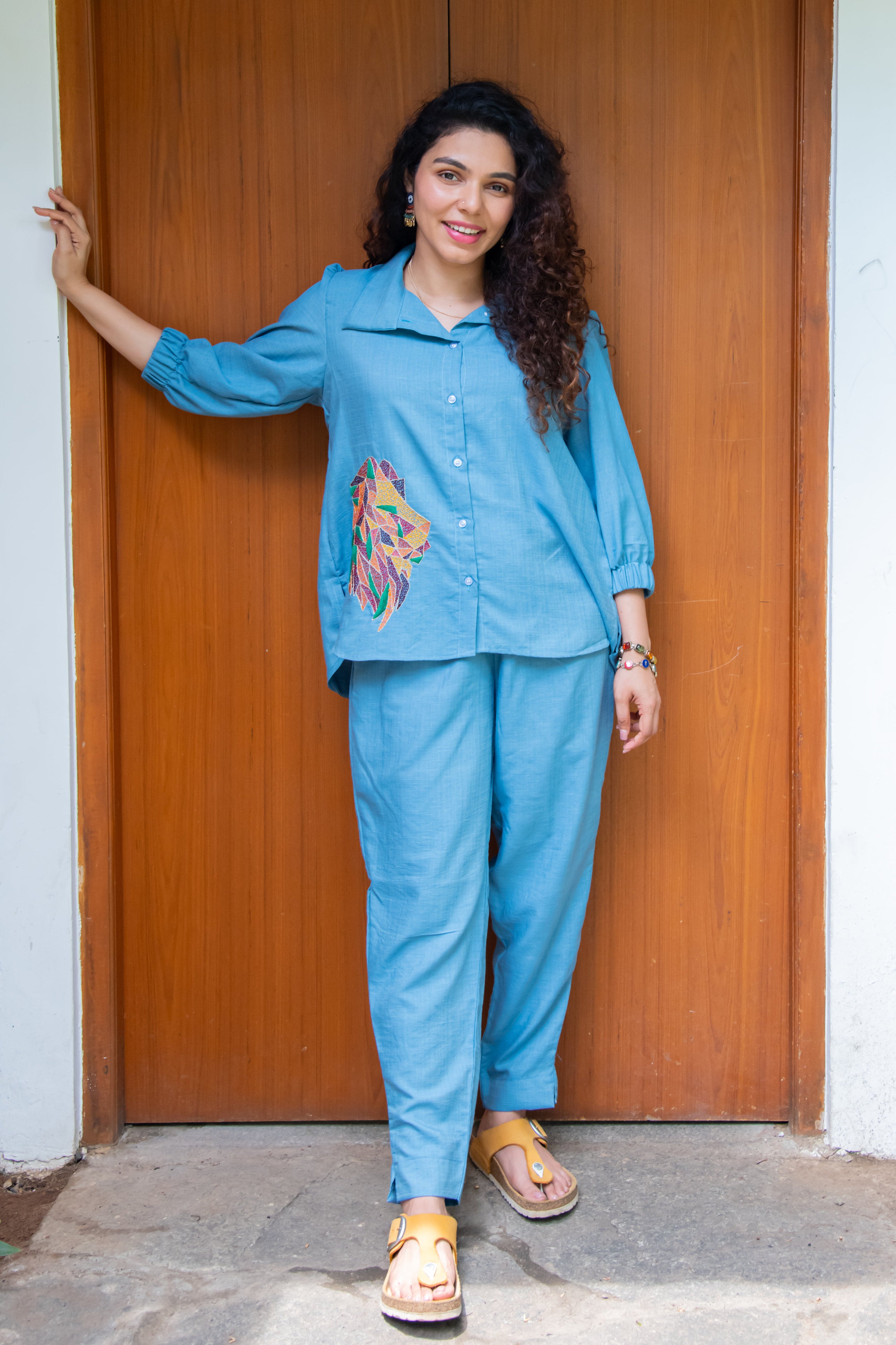 Blue Cotton Co-Ord with Lion Embroidery - Label Xari