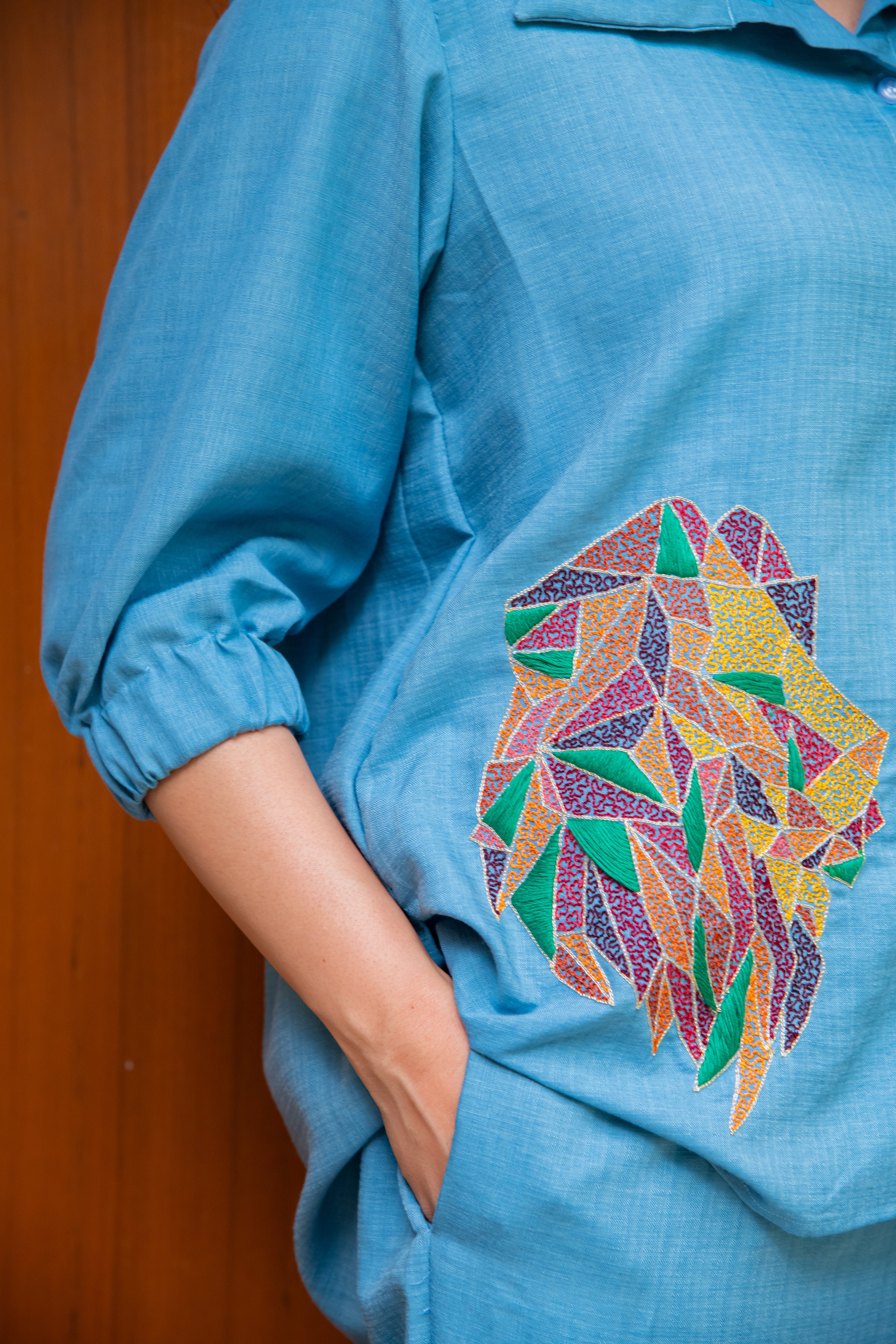 Blue Cotton Co-Ord with Lion Embroidery