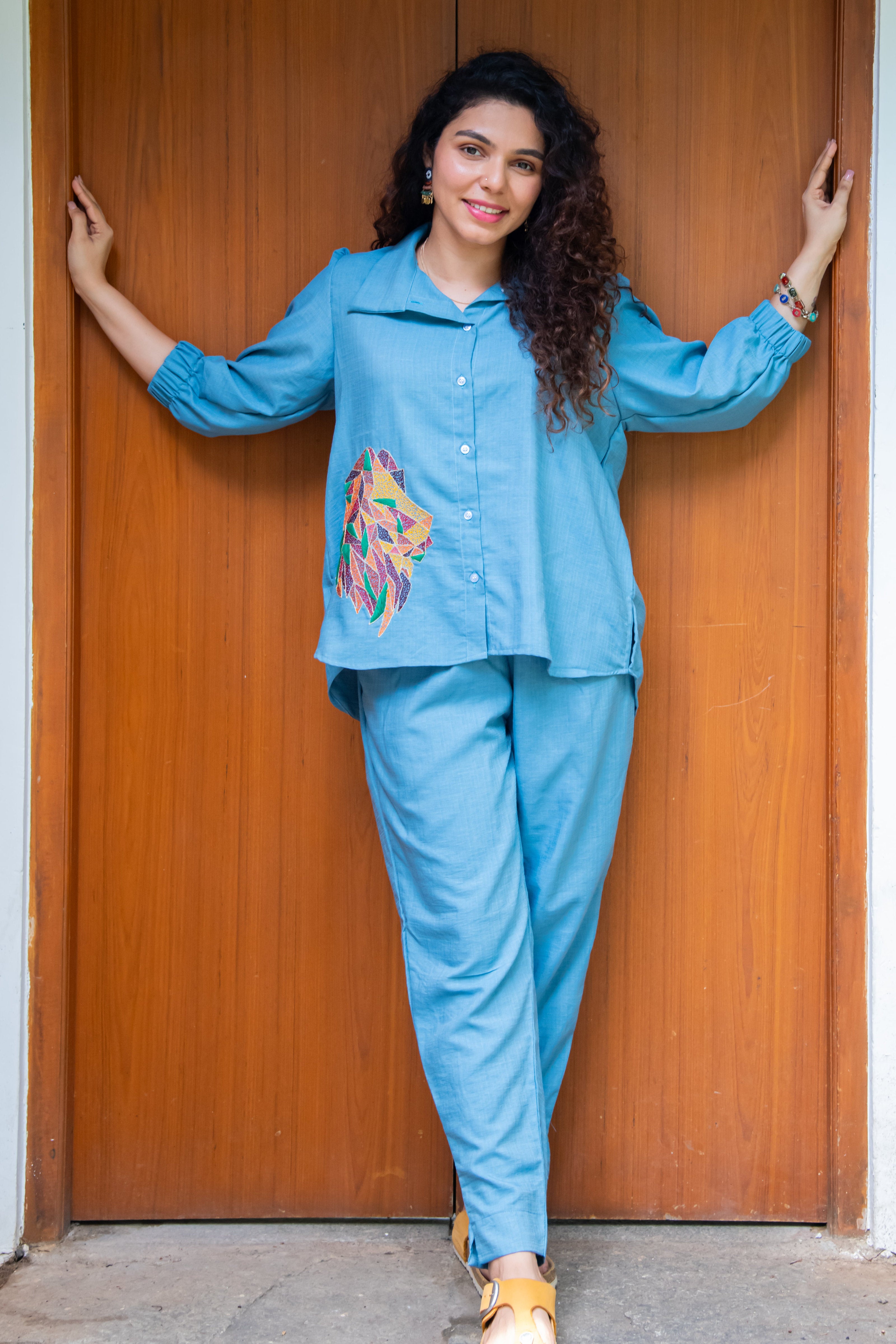 Blue Cotton Co-Ord with Lion Embroidery