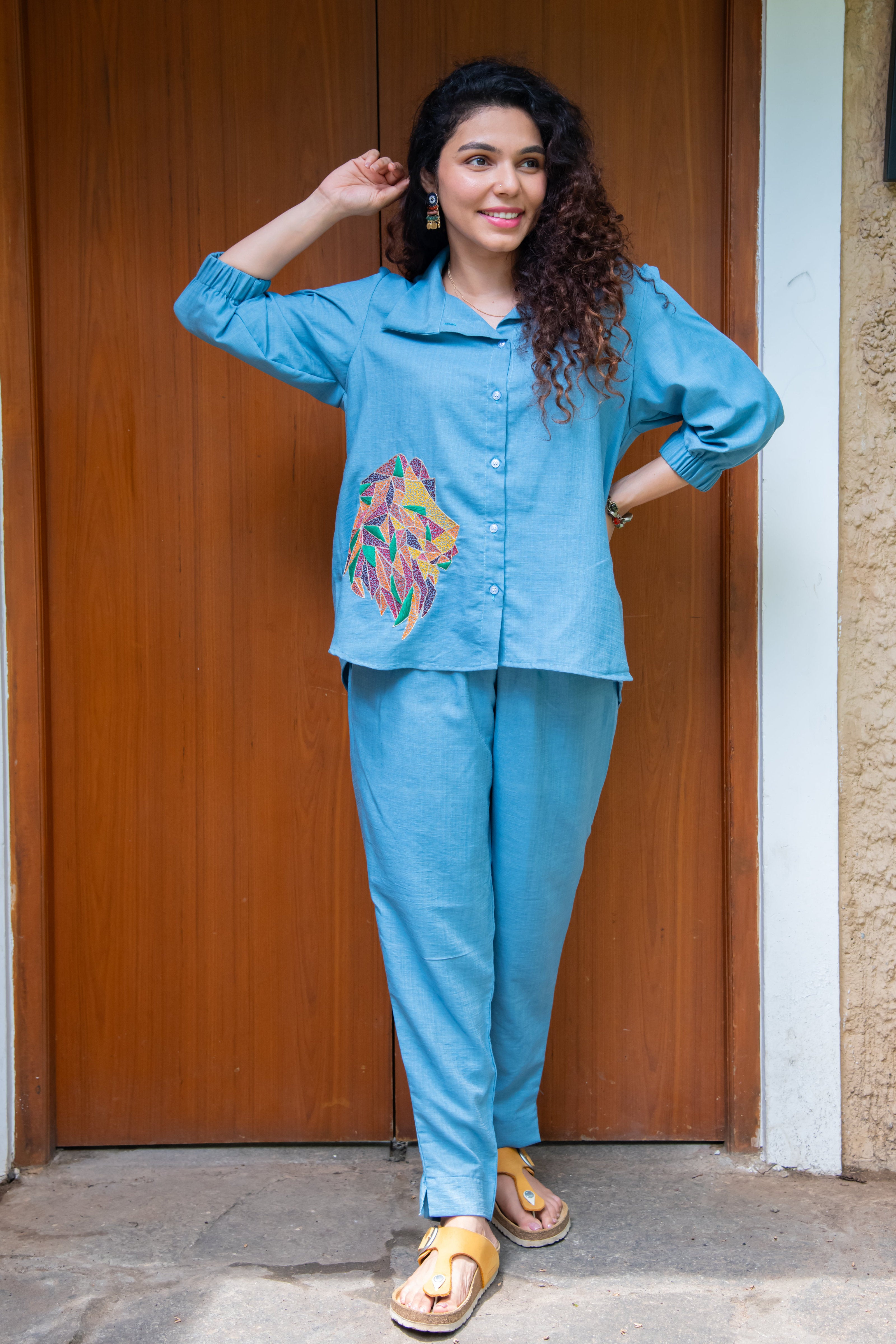 Blue Cotton Co-Ord with Lion Embroidery