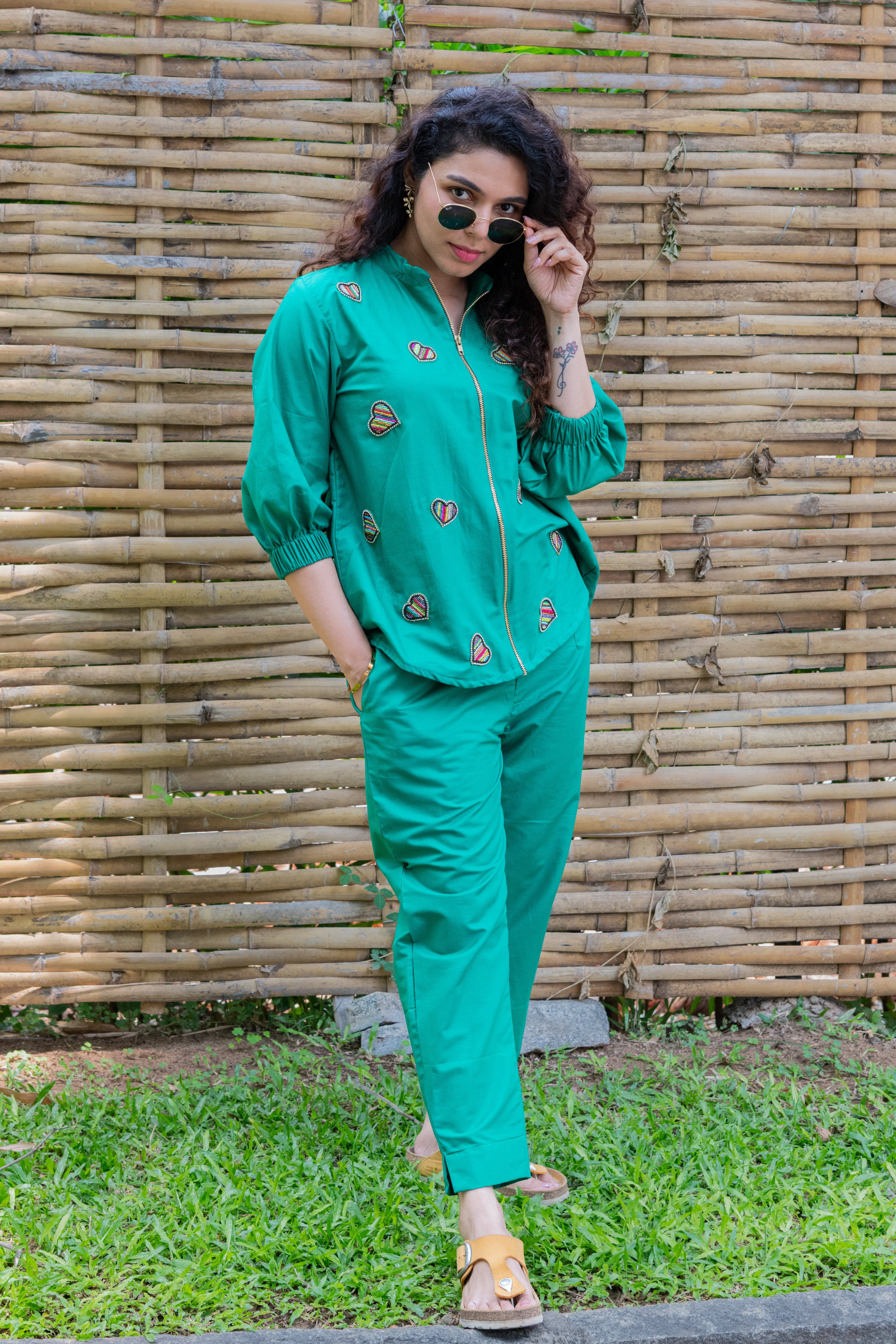 Green Cotton Co-ord with Heart Embroidery