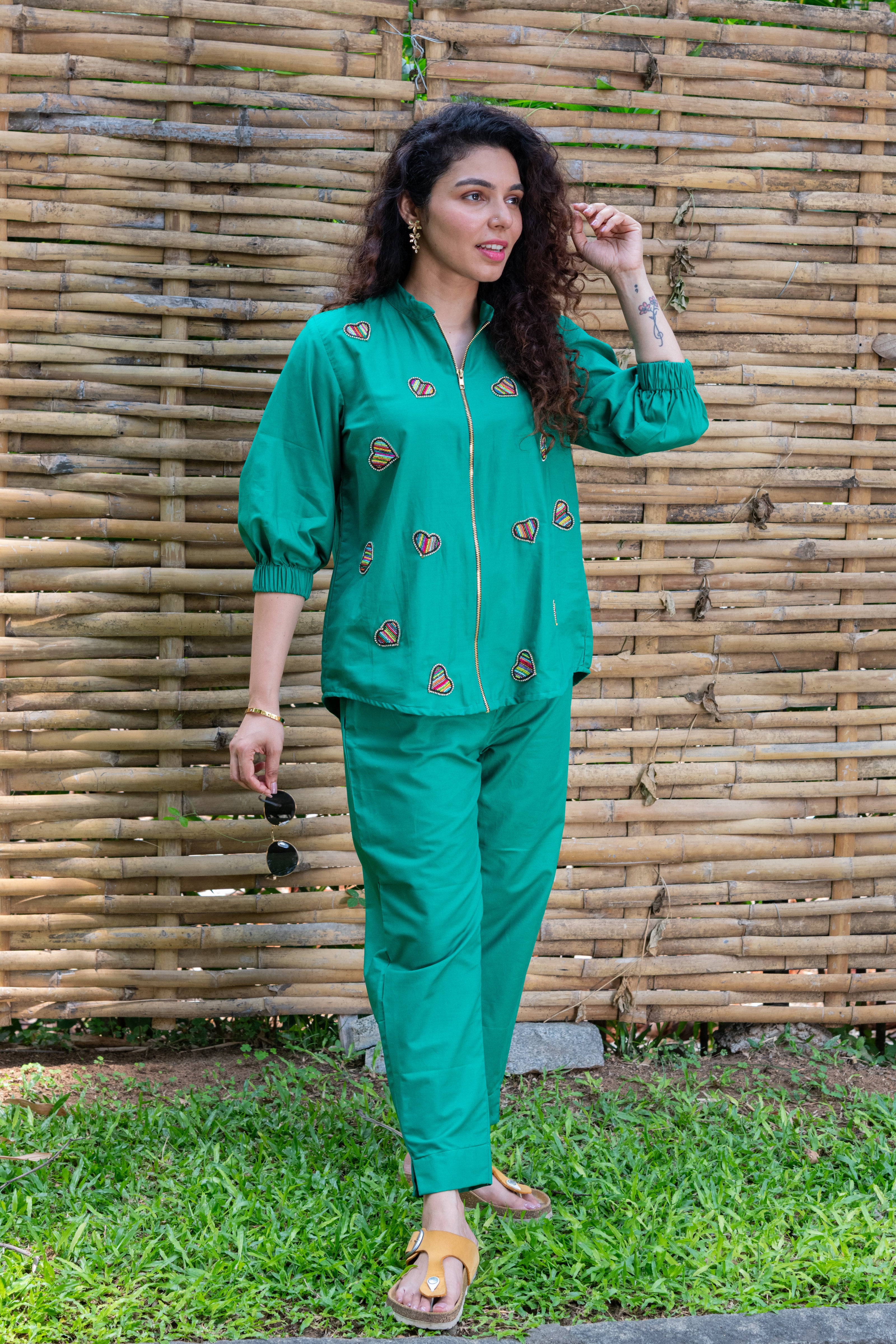 Green Cotton Co-ord with Heart Embroidery