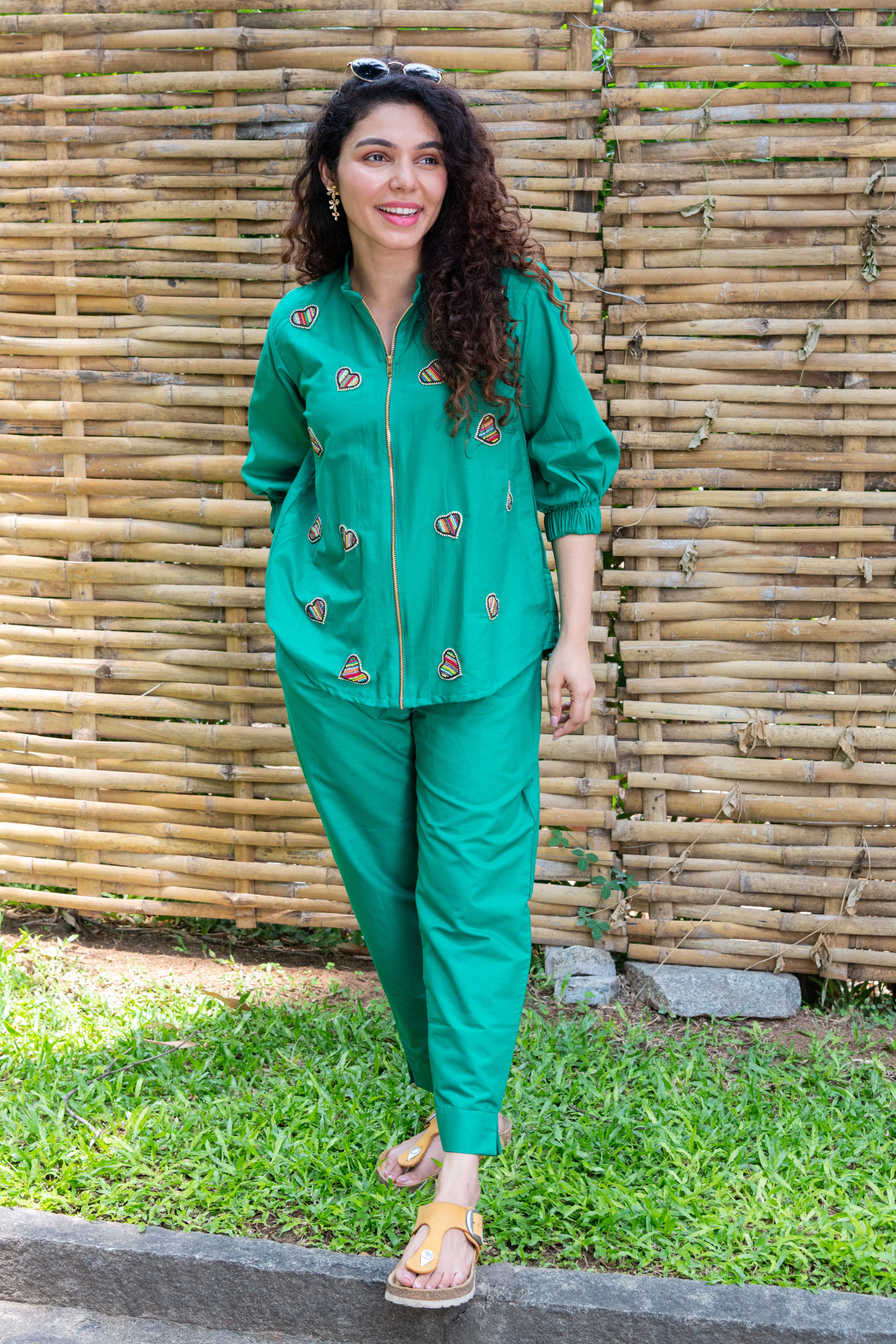 Green Cotton Co-ord with Heart Embroidery