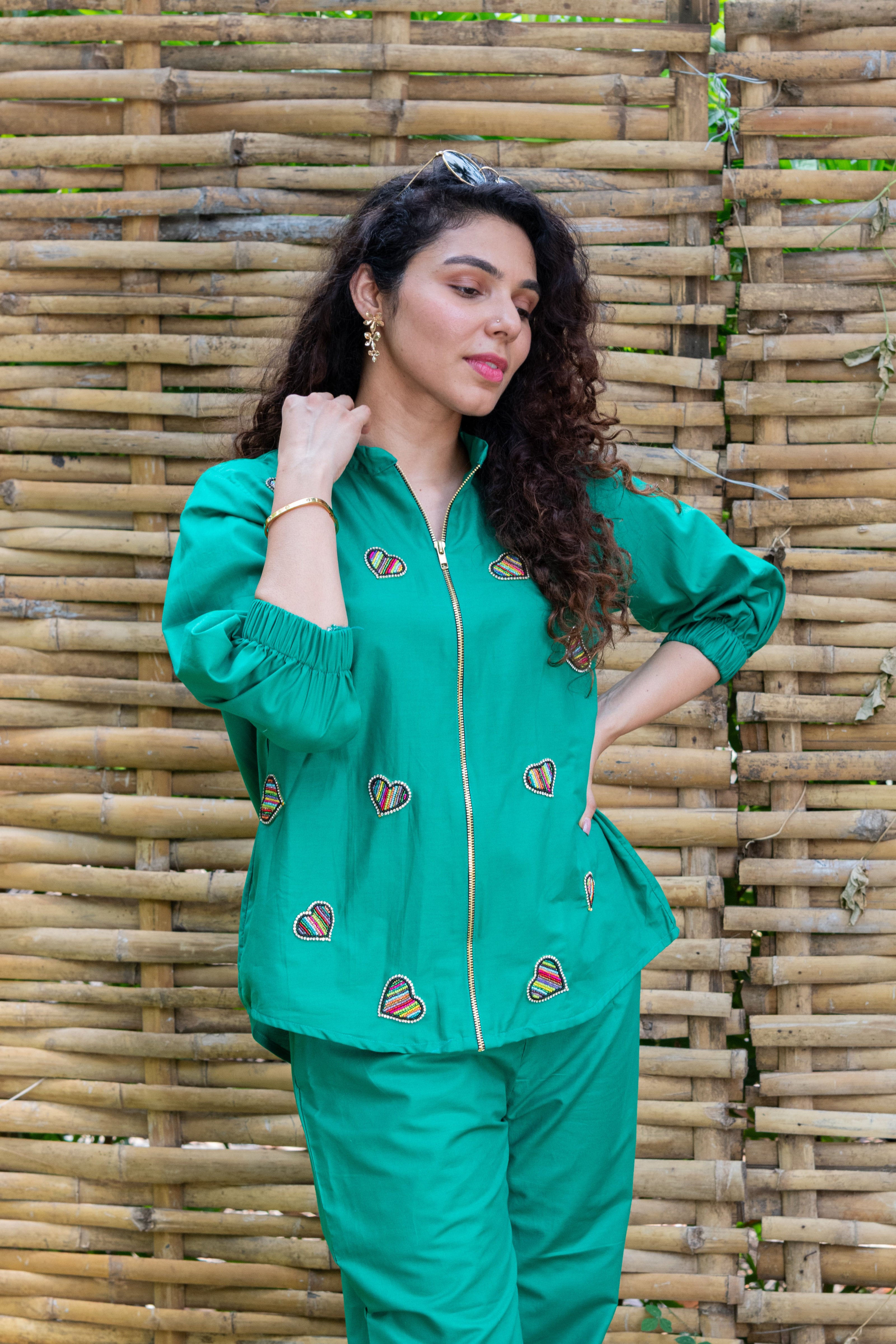 Green Cotton Co-ord with Heart Embroidery