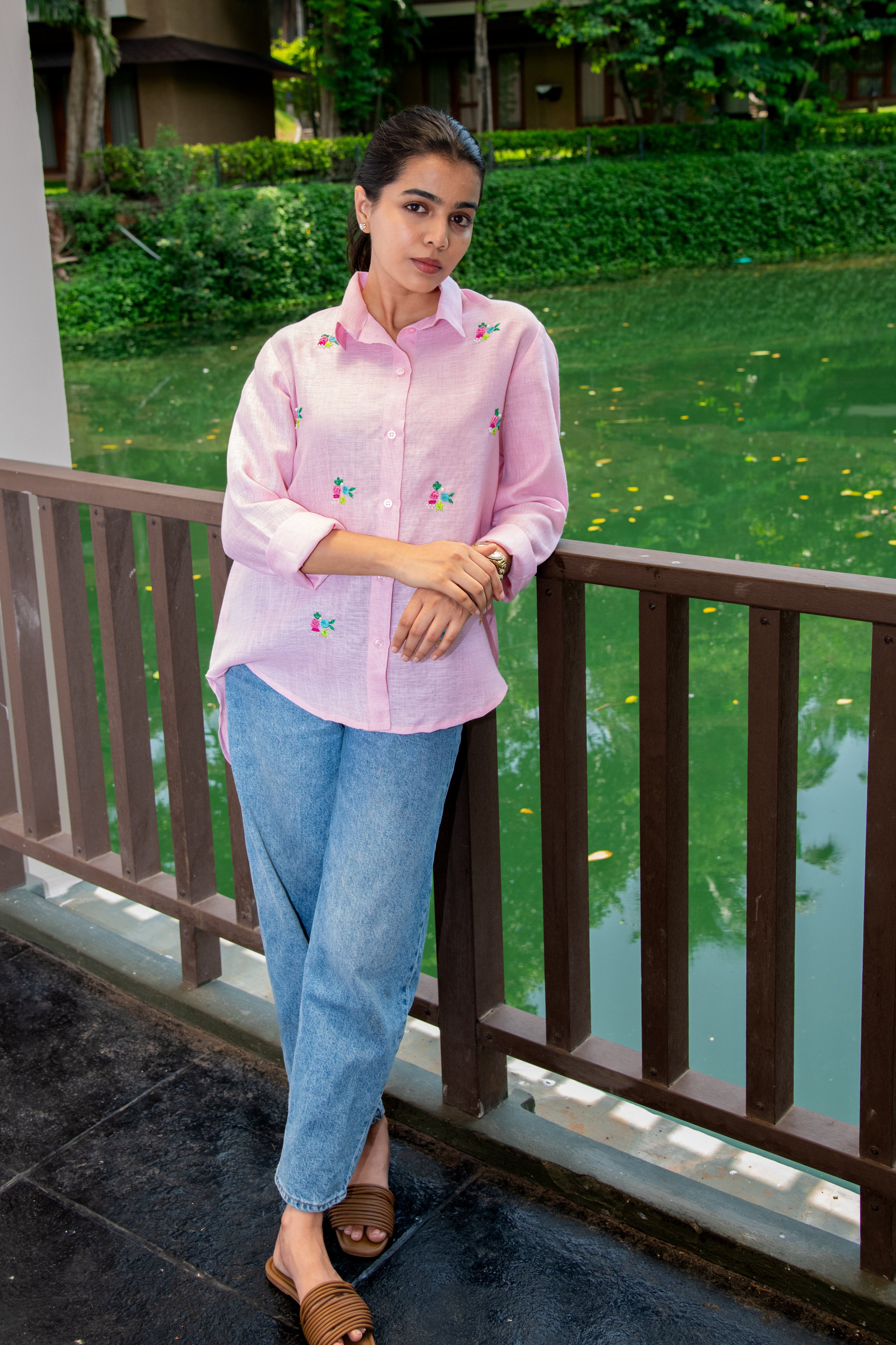Pink Cotton LInen Shirt with Bullion Knot Embroidery