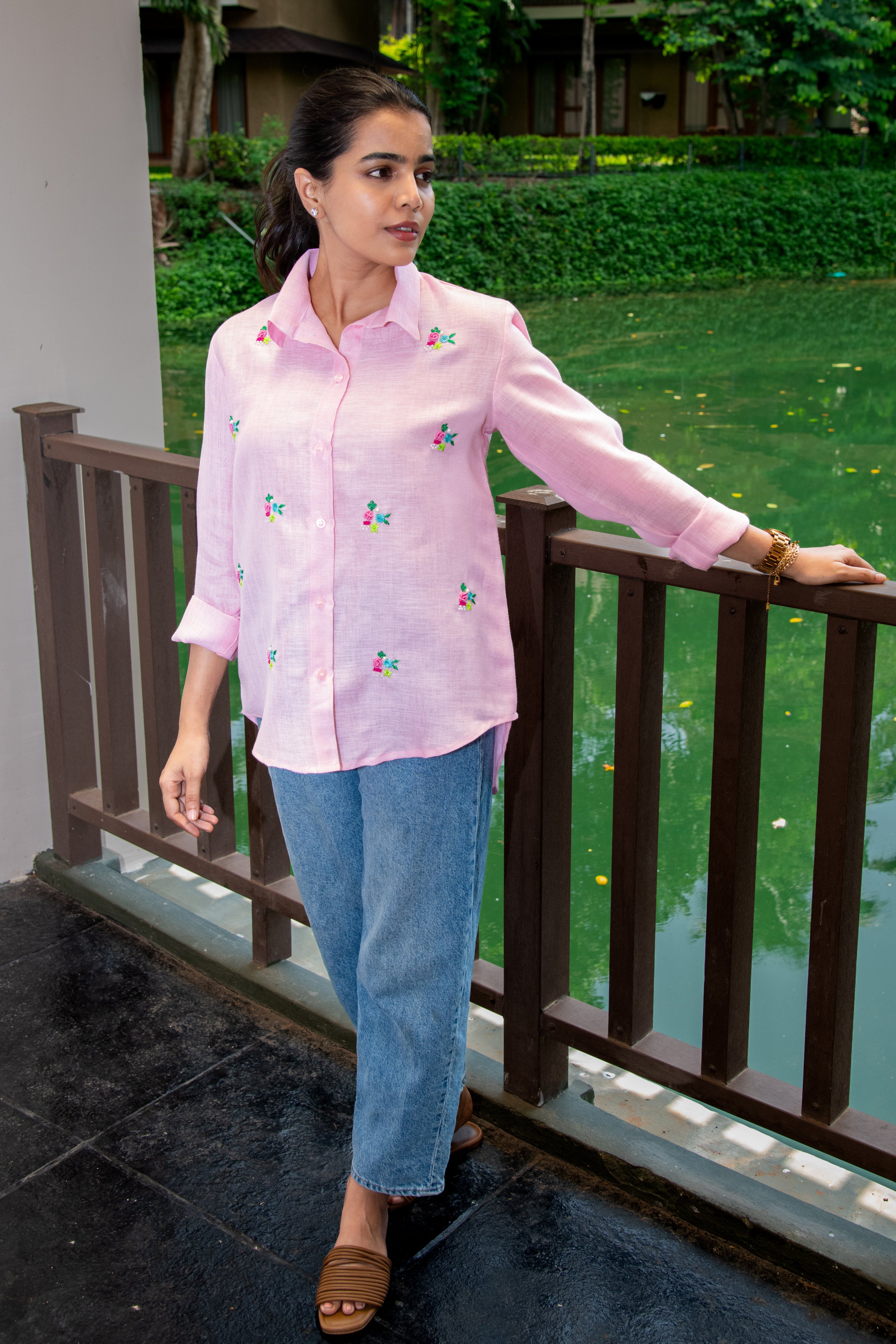 Pink Cotton LInen Shirt with Bullion Knot Embroidery