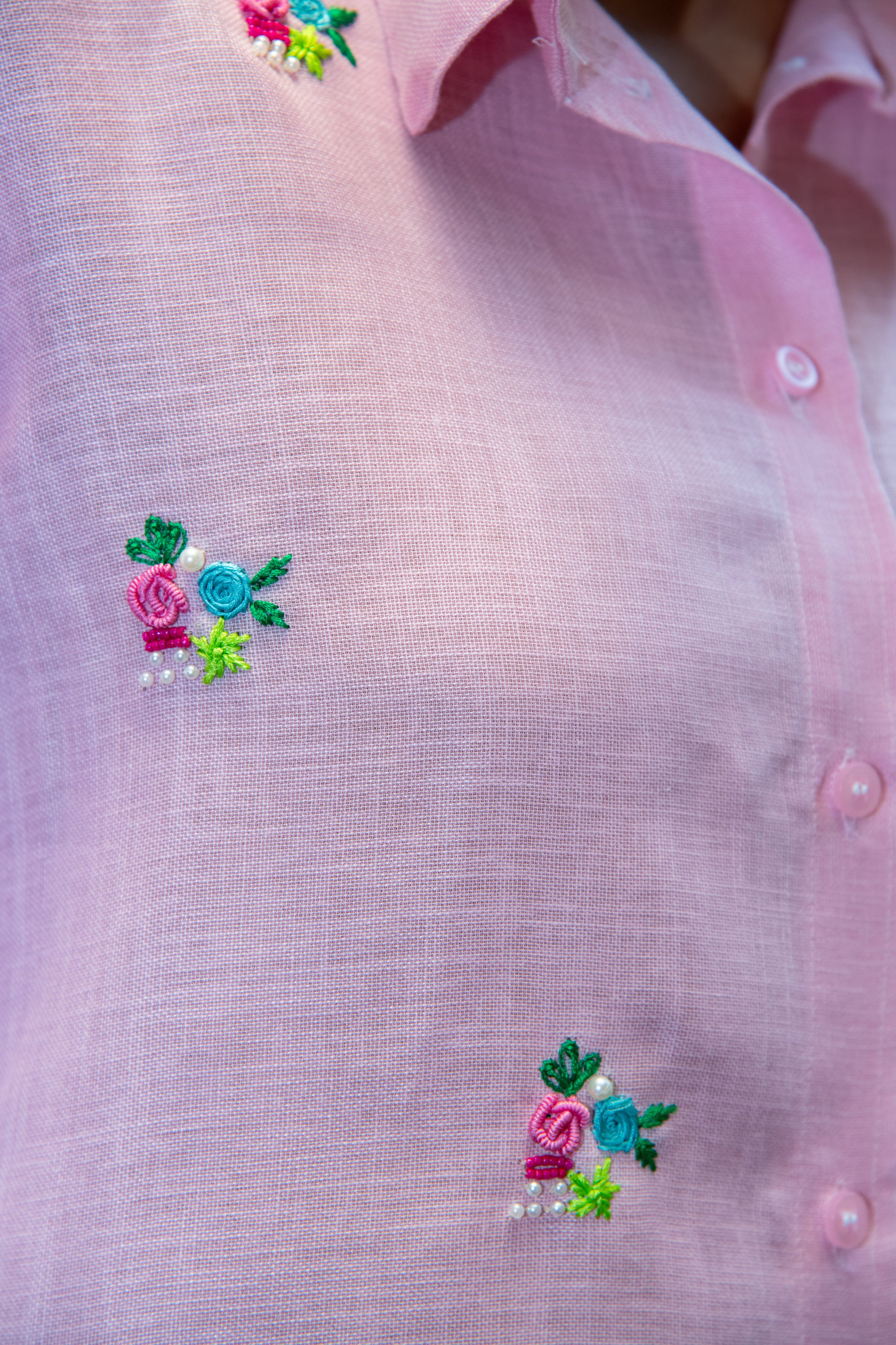 Pink Cotton LInen Shirt with Bullion Knot Embroidery