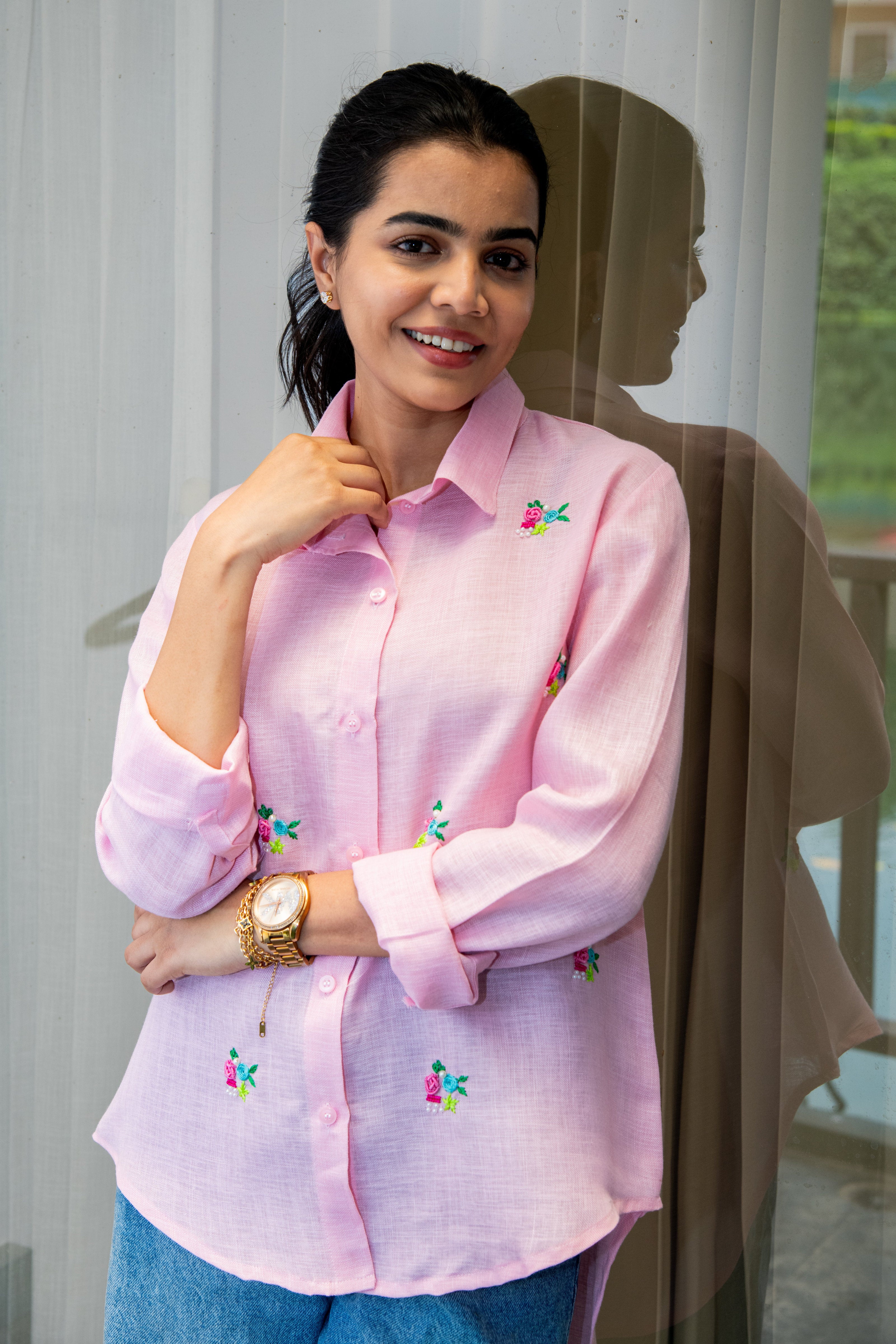 Pink Cotton LInen Shirt with Bullion Knot Embroidery