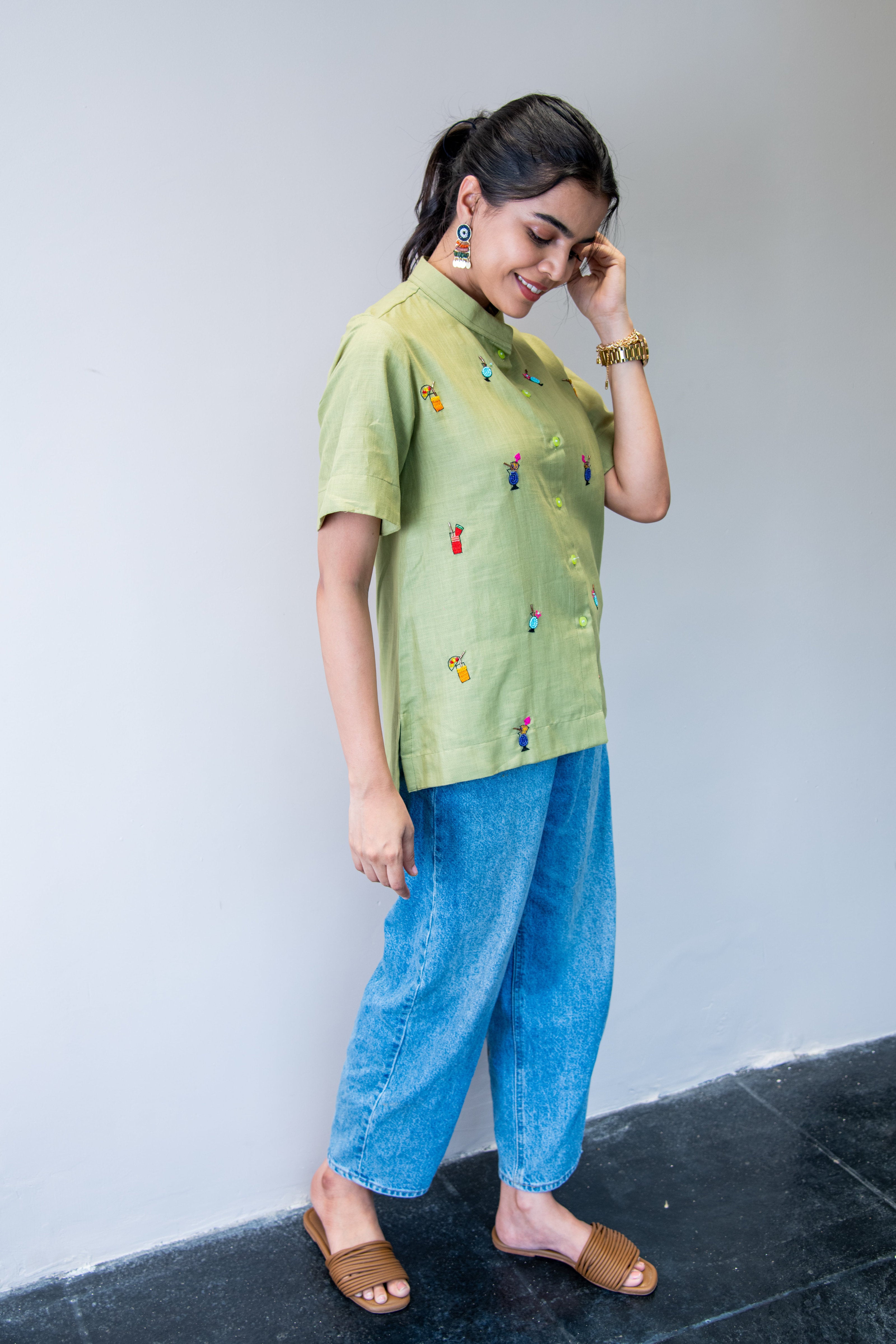 Green Cotton Linen Shirt with Cocktail Embroidery