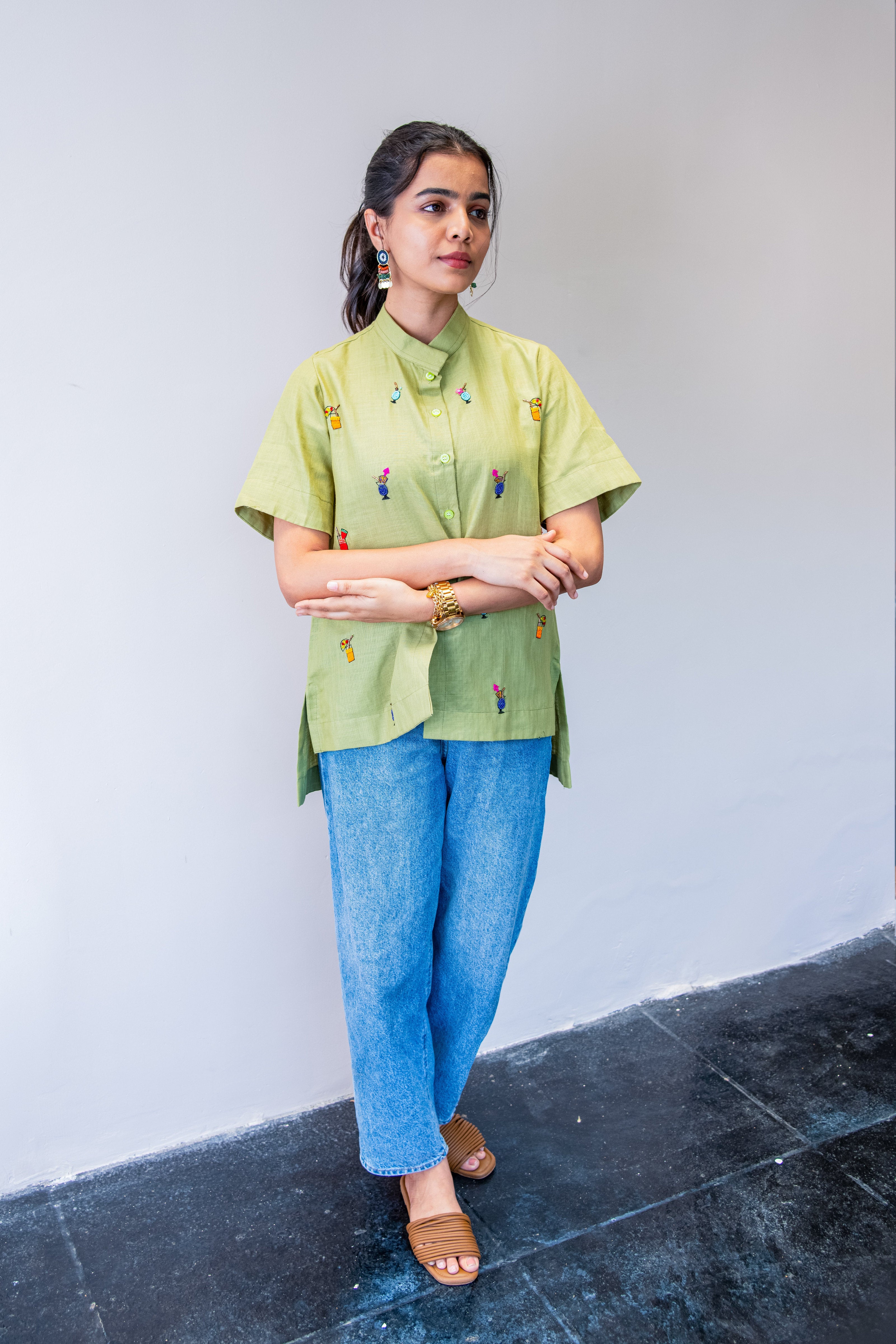 Green Cotton Linen Shirt with Cocktail Embroidery