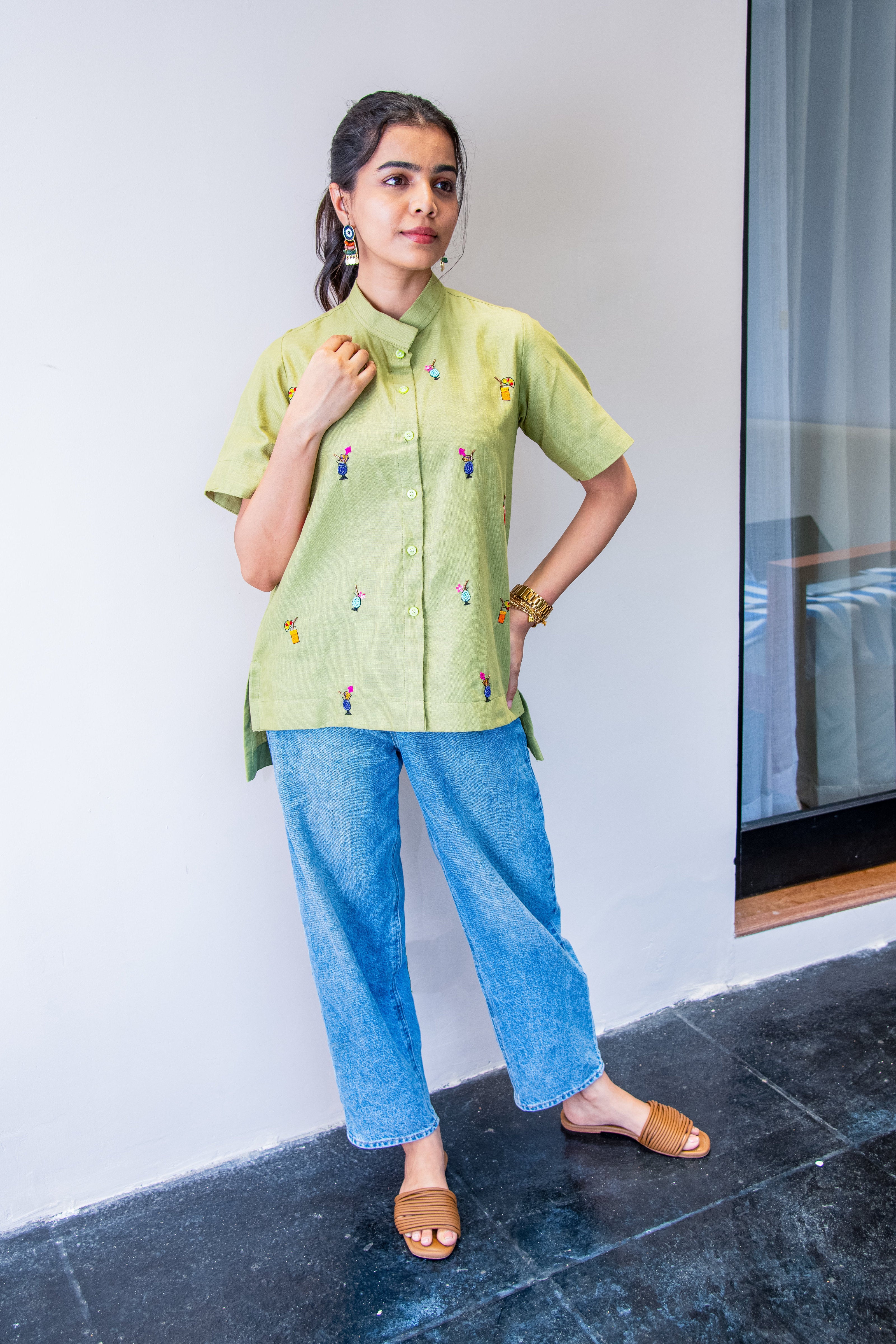 Green Cotton Linen Shirt with Cocktail Embroidery