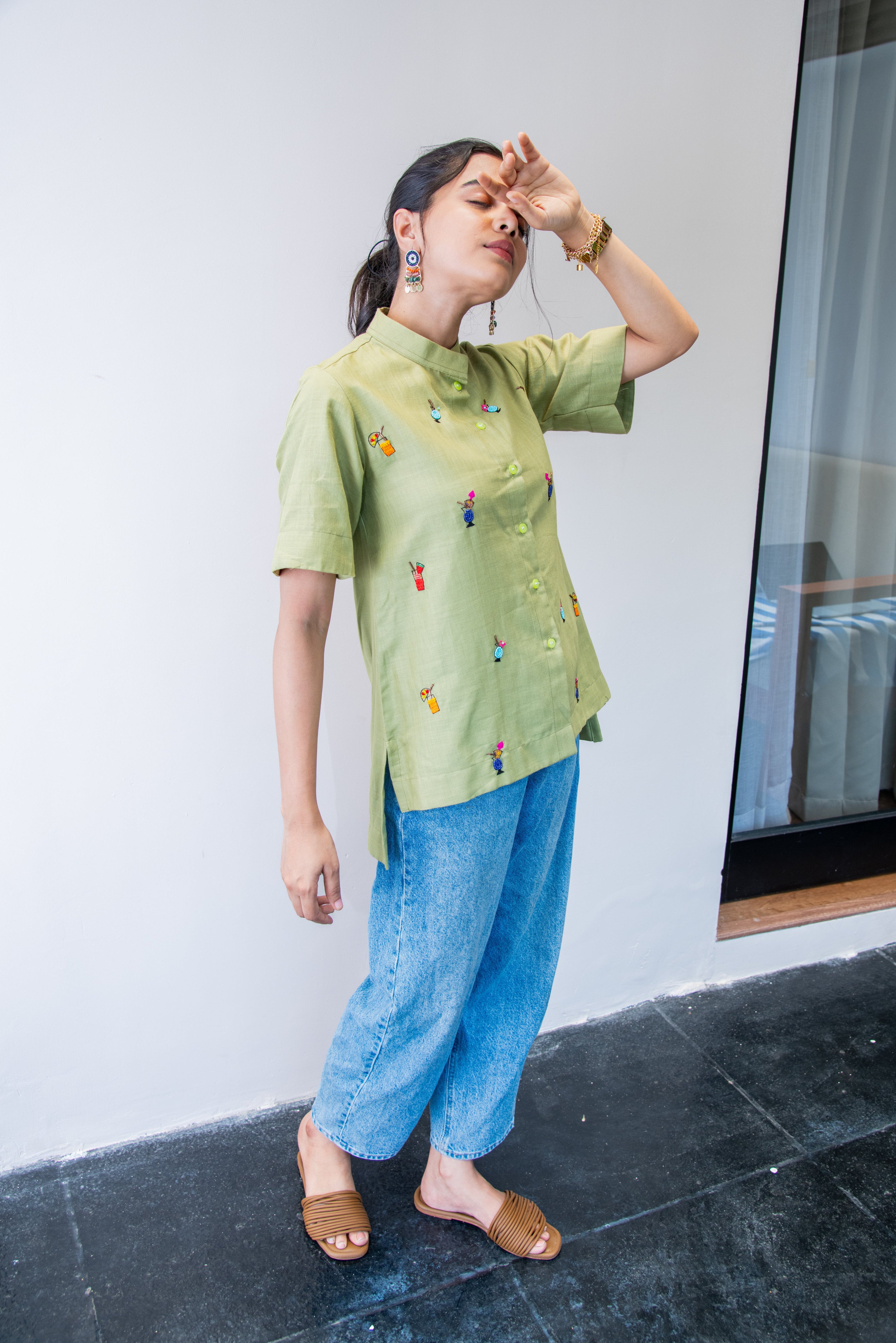Green Cotton Linen Shirt with Cocktail Embroidery