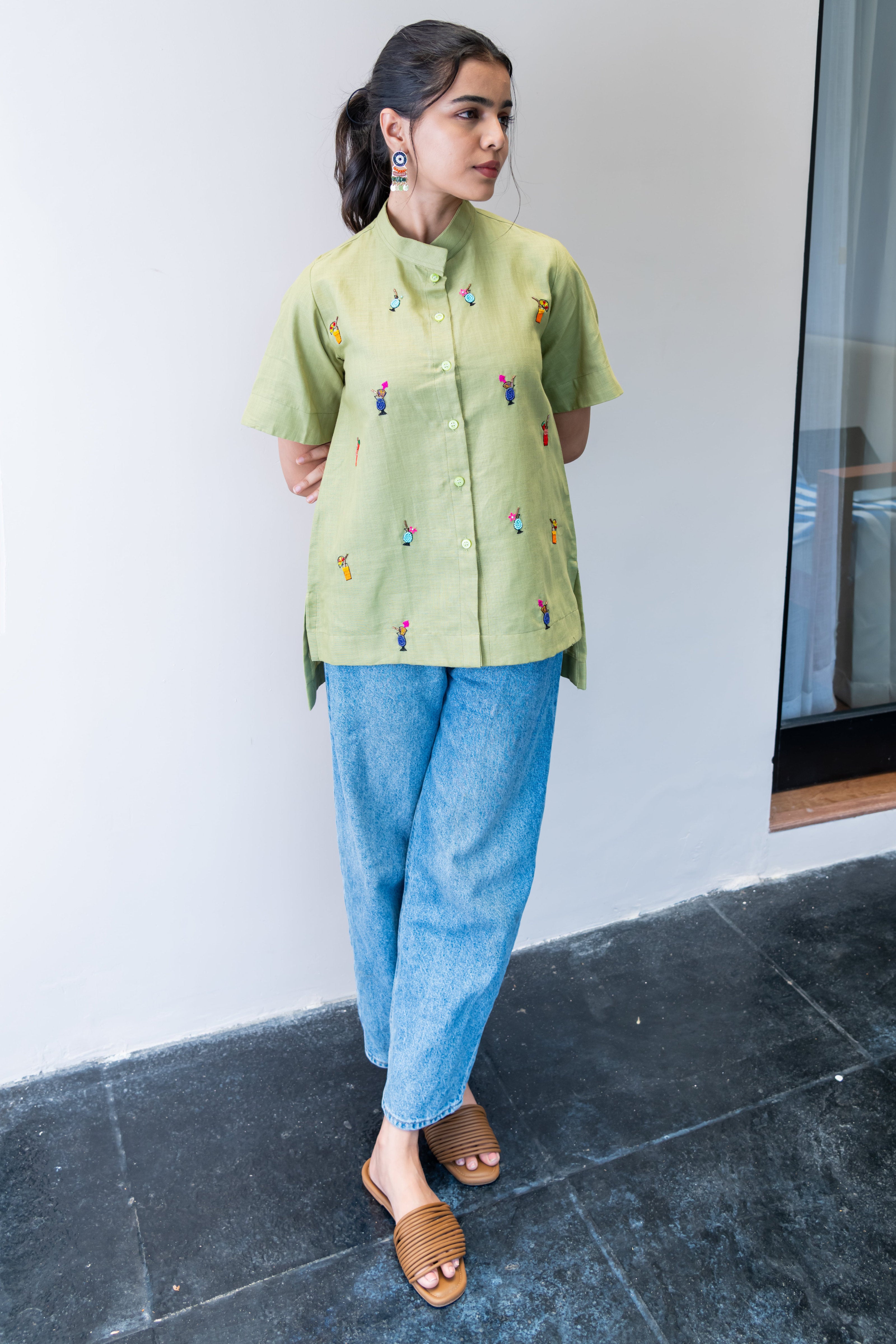 Green Cotton Linen Shirt with Cocktail Embroidery