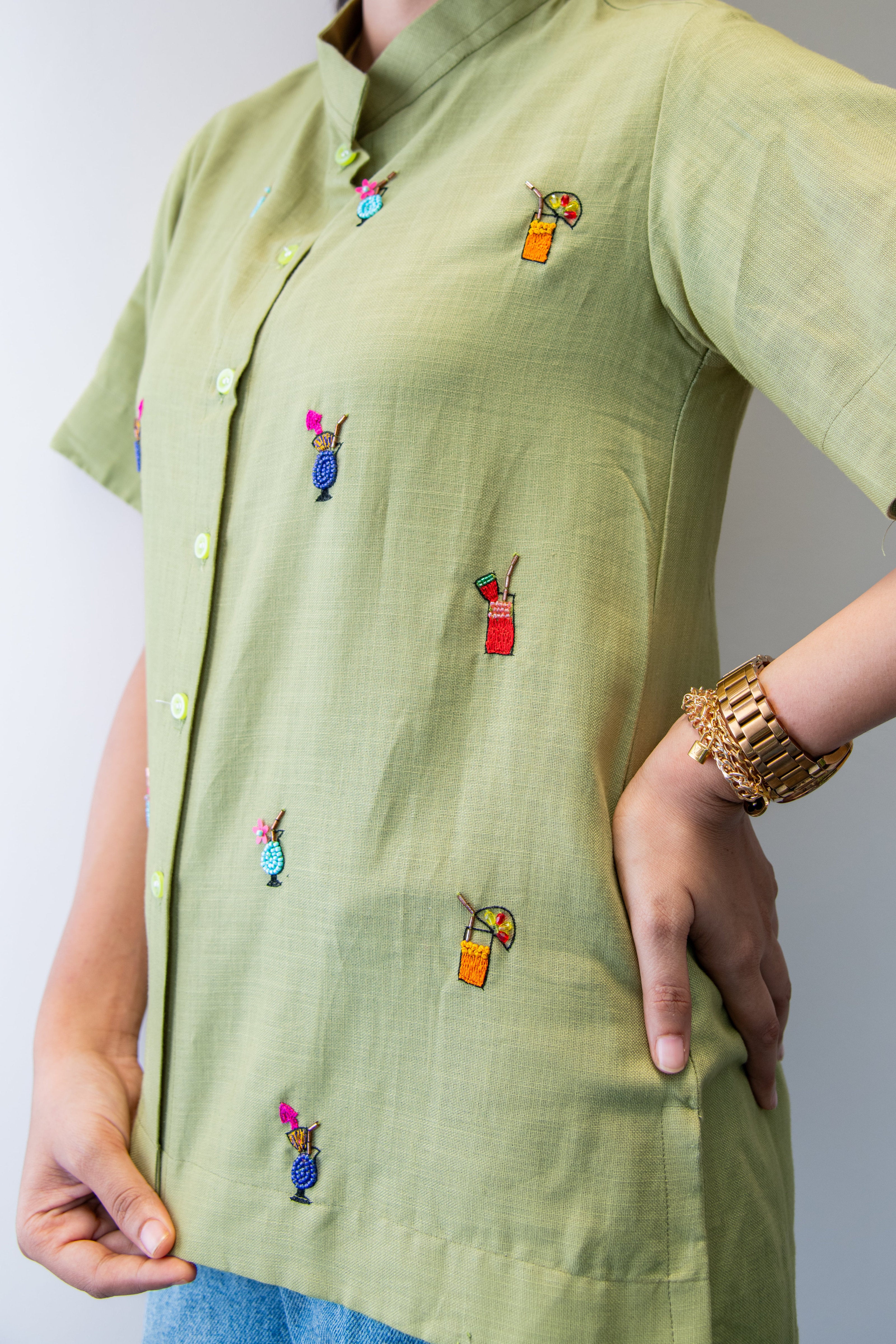 Green Cotton Linen Shirt with Cocktail Embroidery