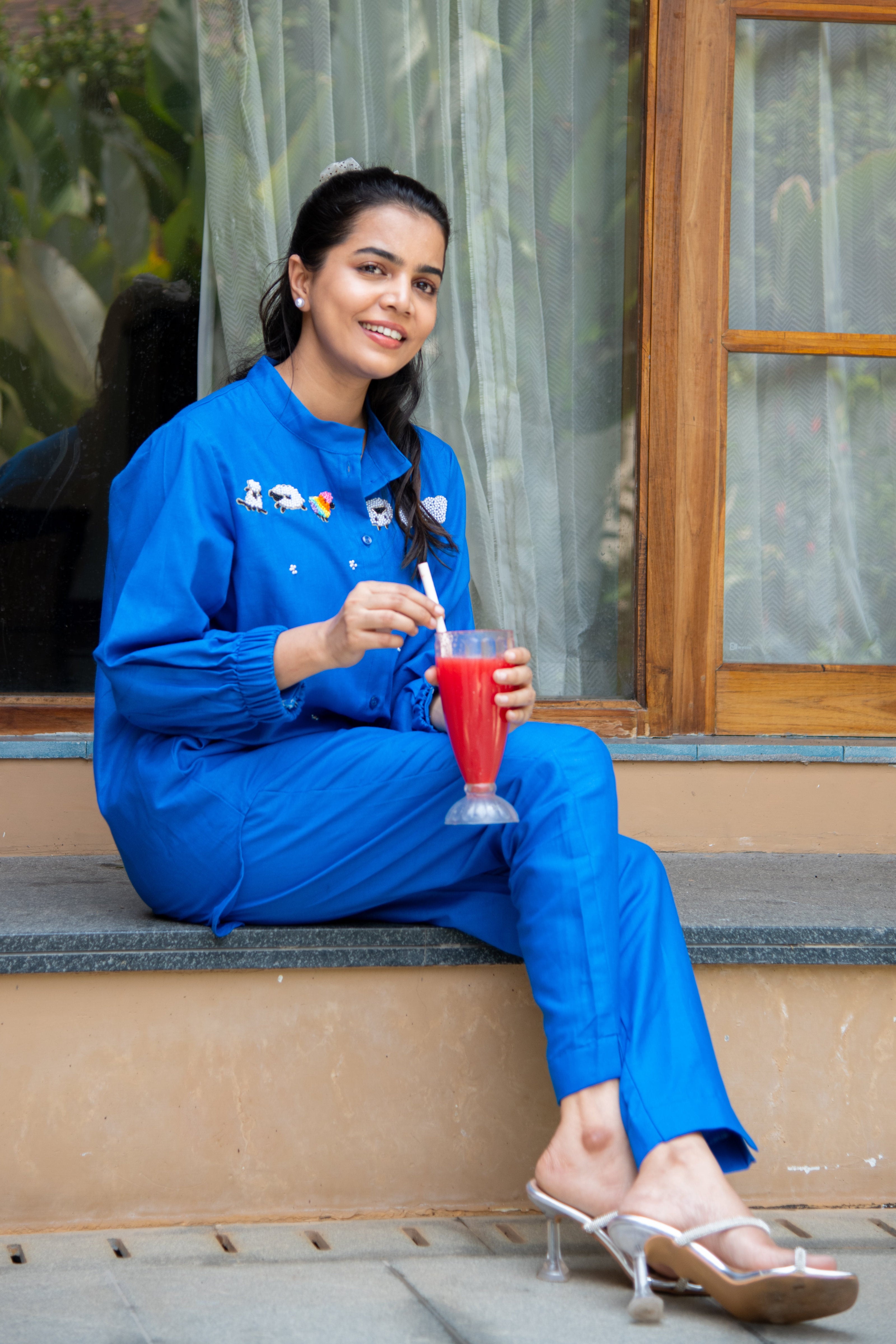 Royal Blue Cotton Co-Ord with Sheep Embroidery