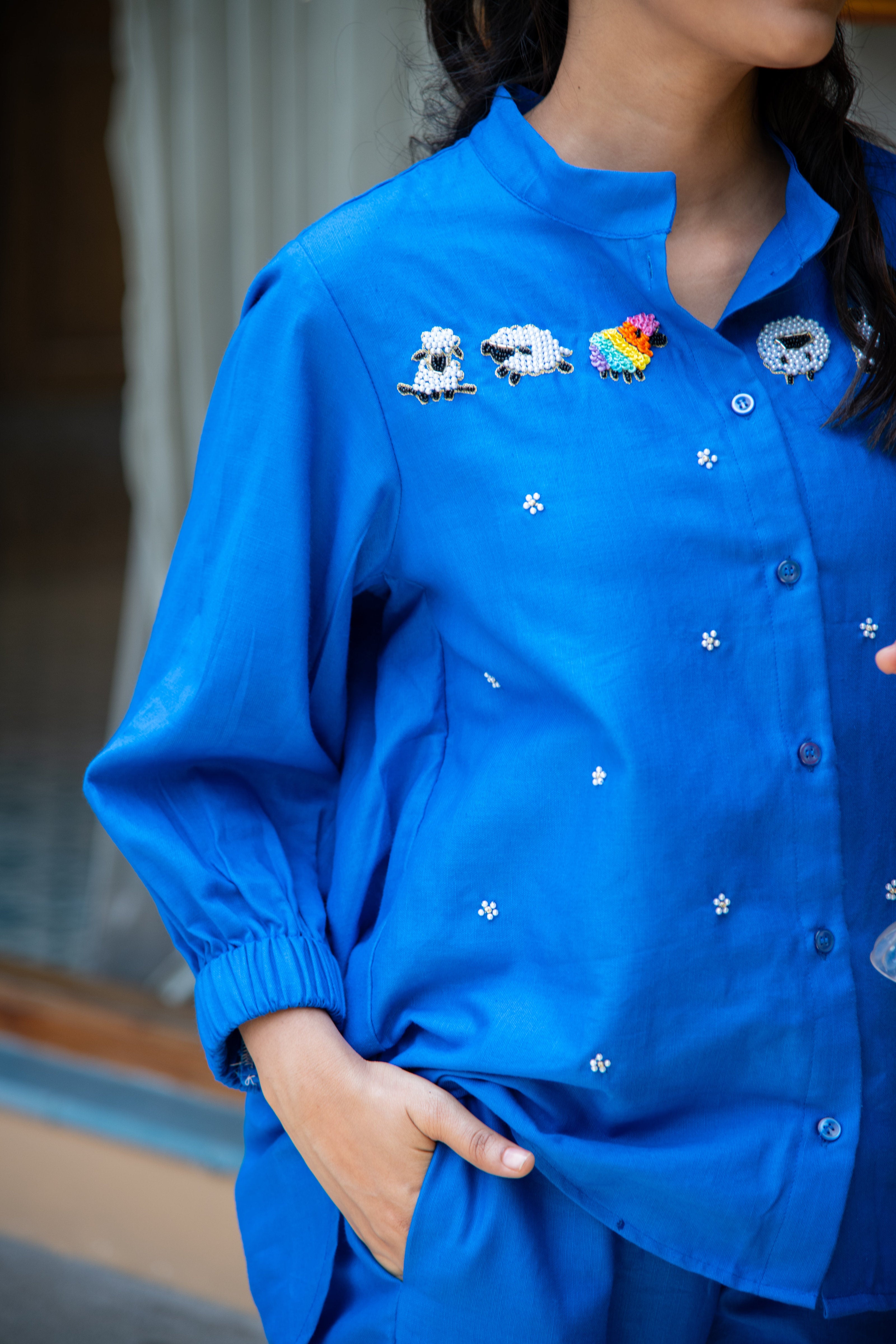 Royal Blue Cotton Co-Ord with Sheep Embroidery