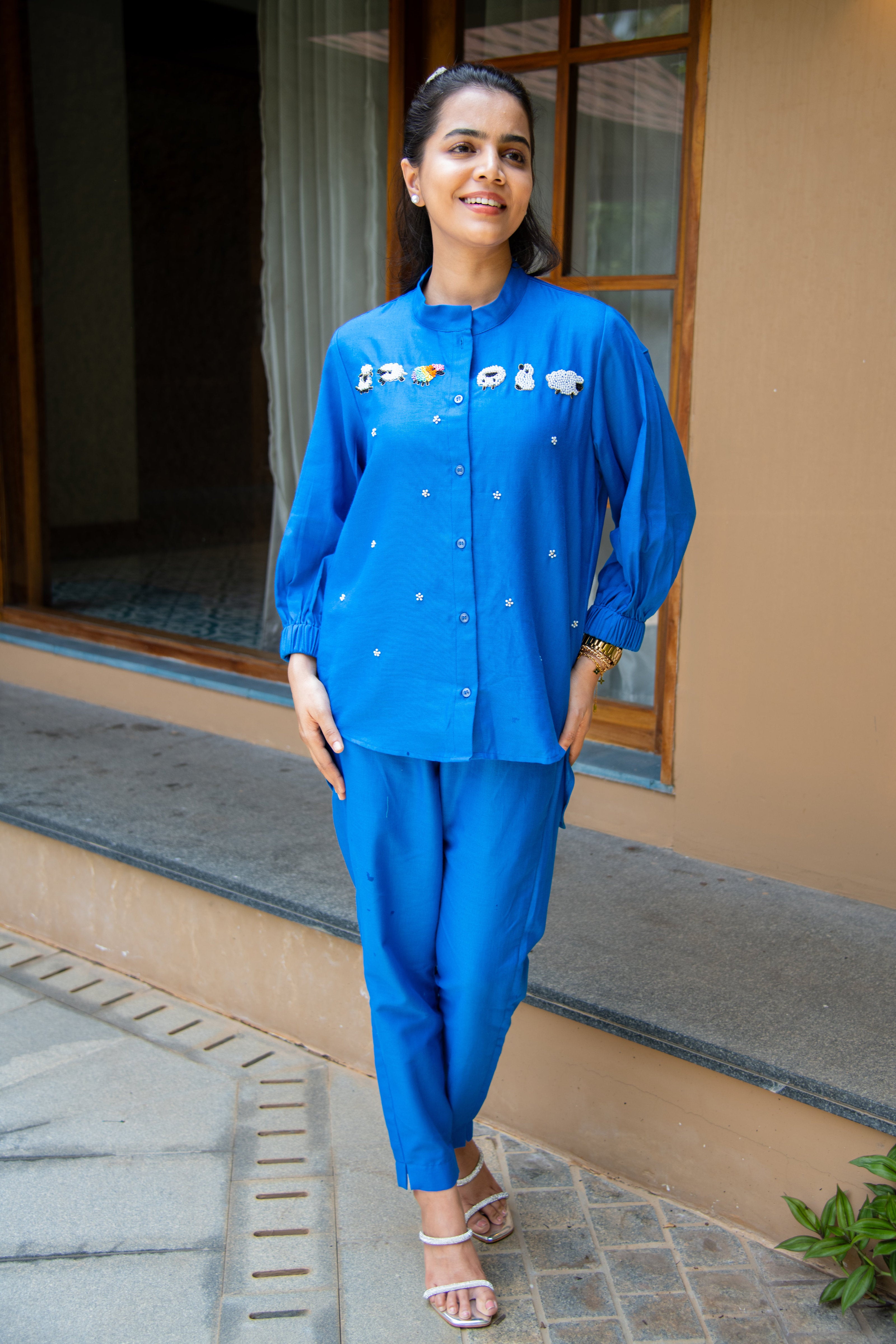 Royal Blue Cotton Co-Ord with Sheep Embroidery
