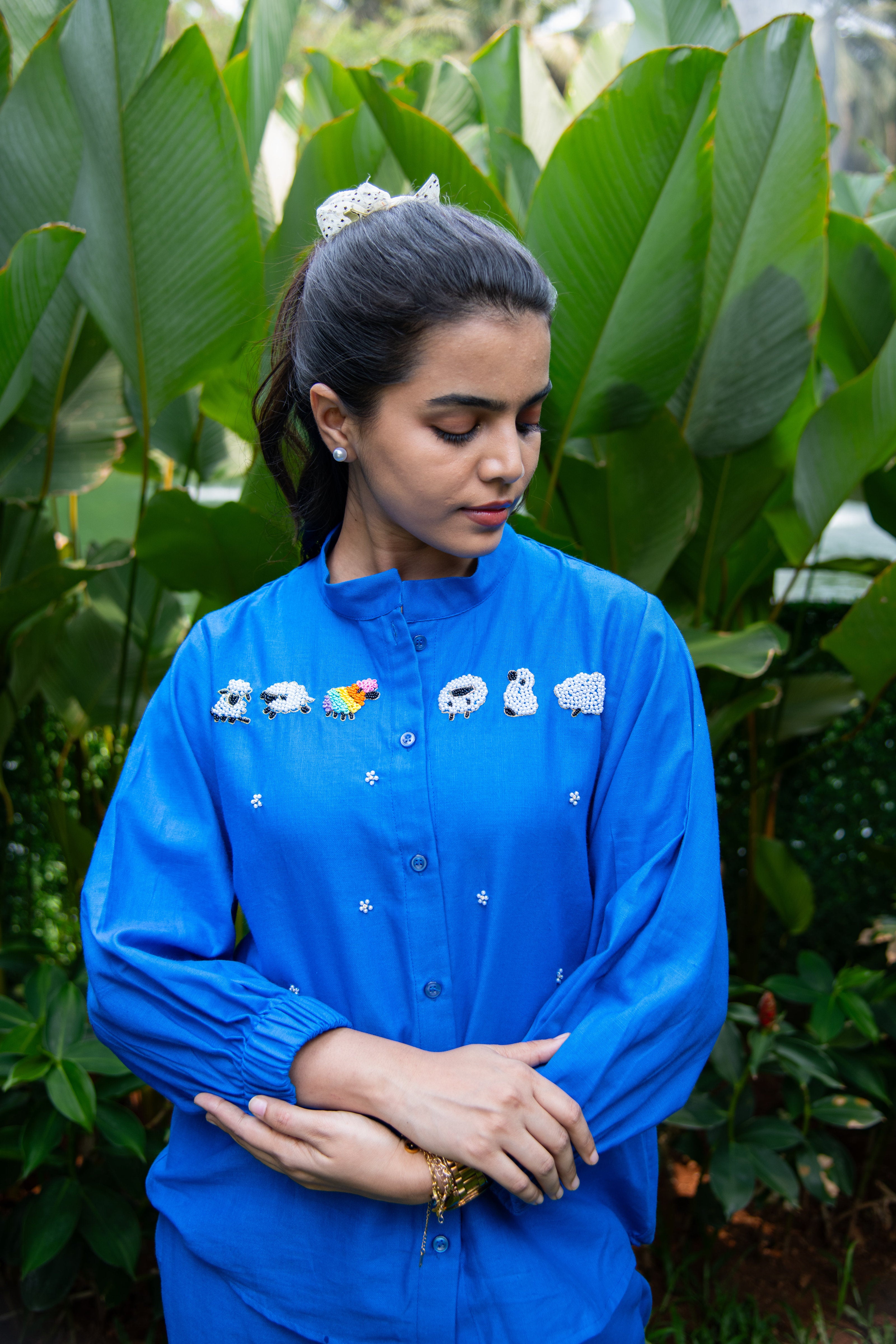Royal Blue Cotton Co-Ord with Sheep Embroidery
