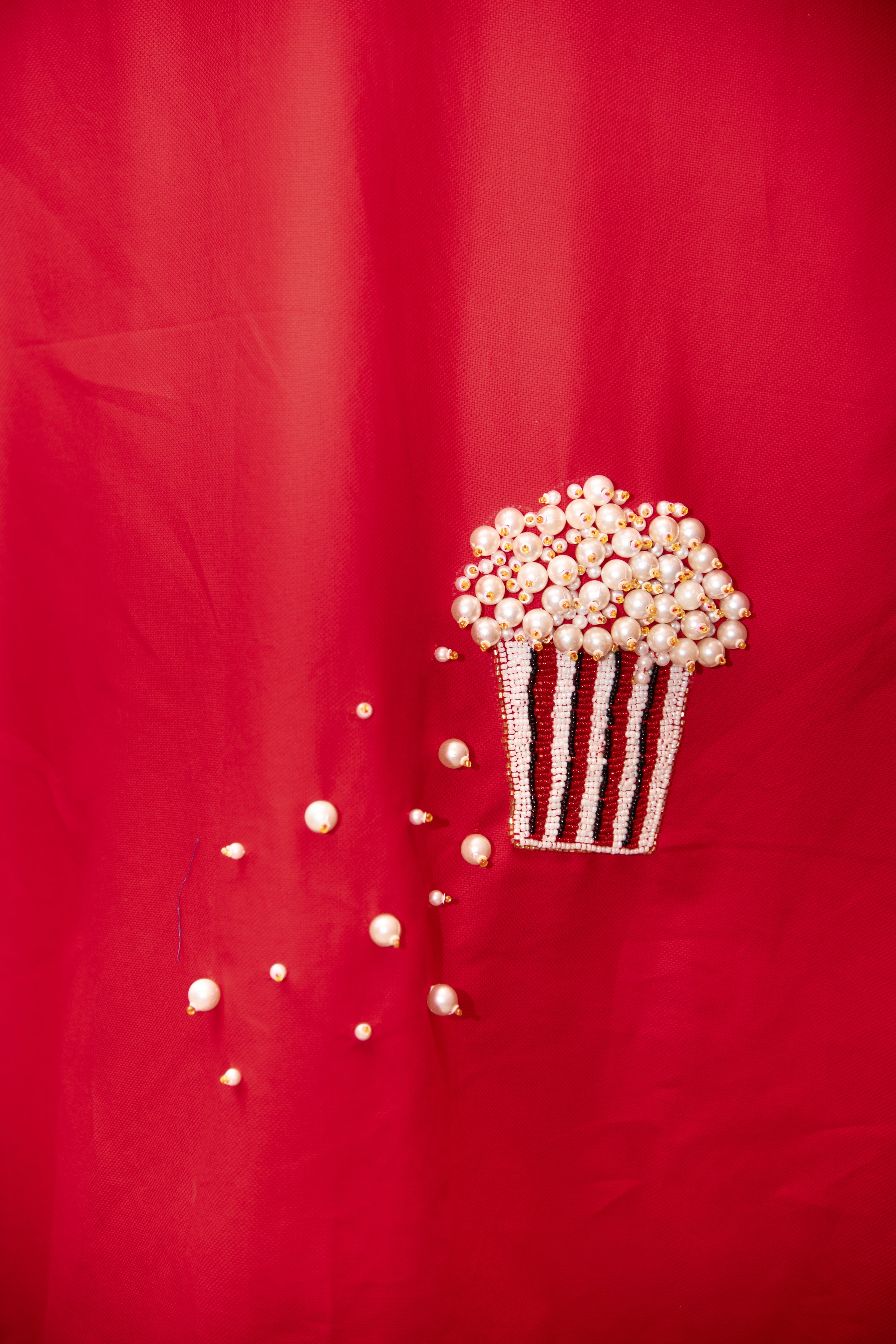 Red Twill Cotton Dress with Popcorn Pearl Embroidery