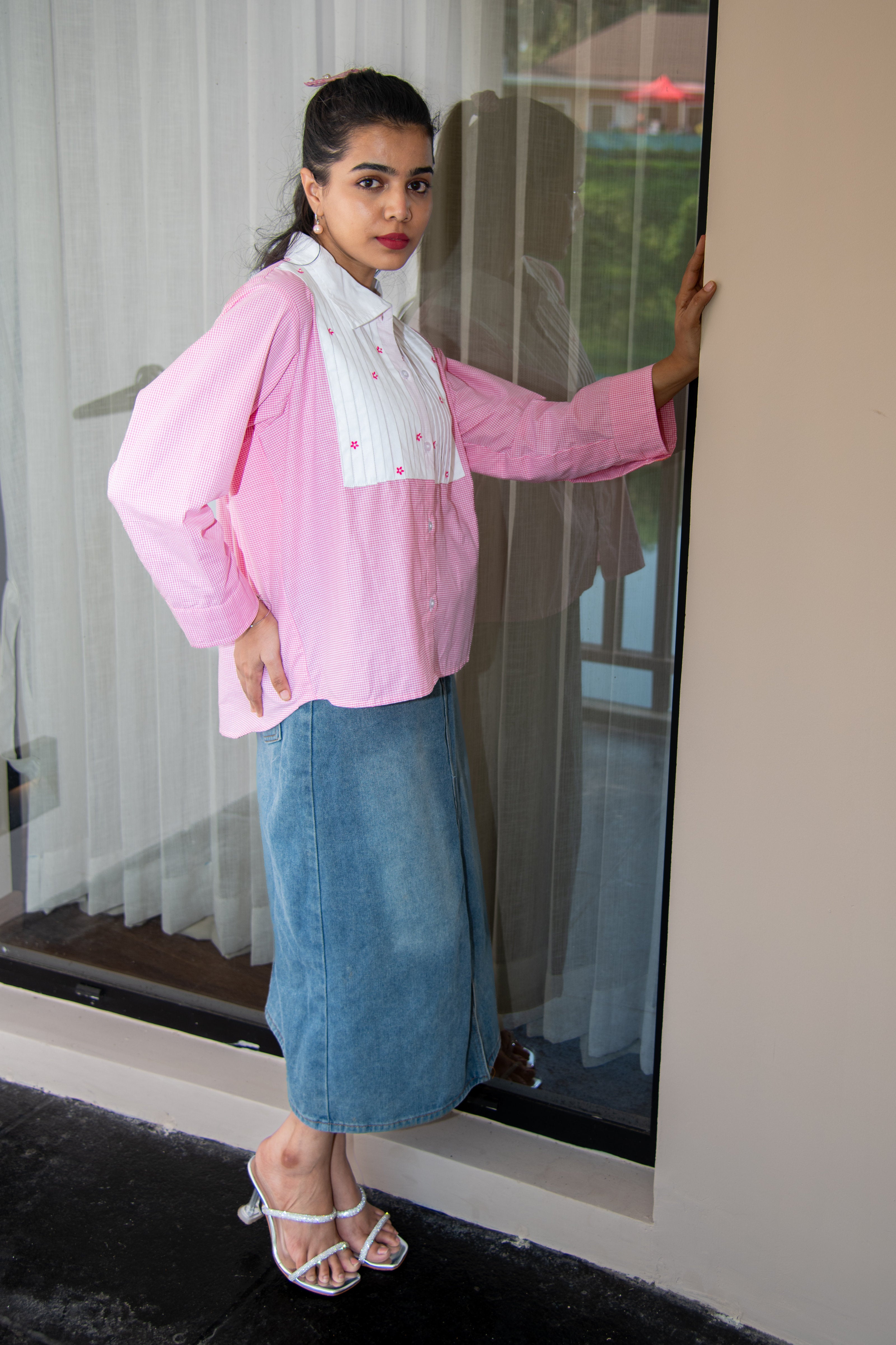 Pink Checks Cotton Shirt with Flower Embroidery