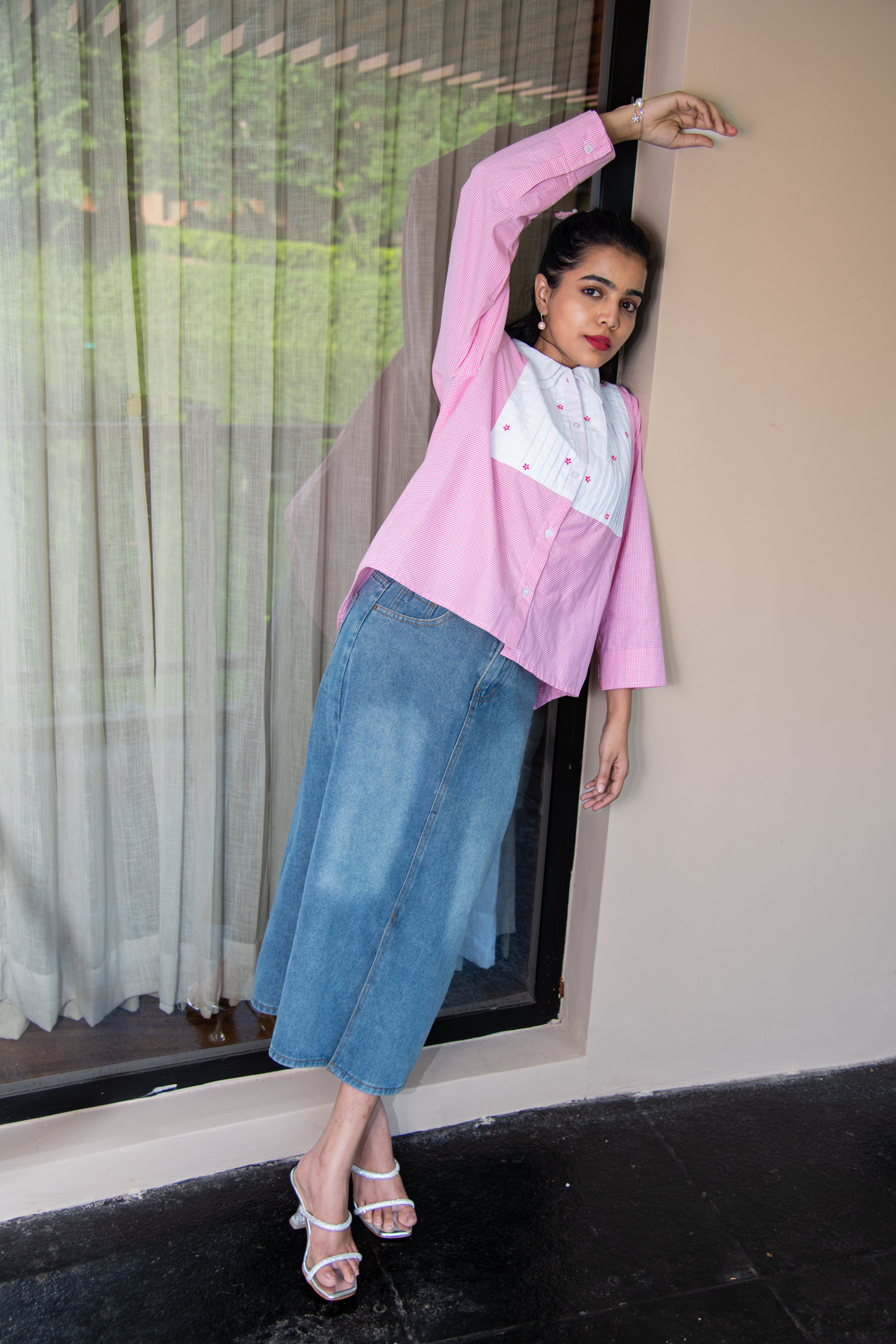Pink Checks Cotton Shirt with Flower Embroidery