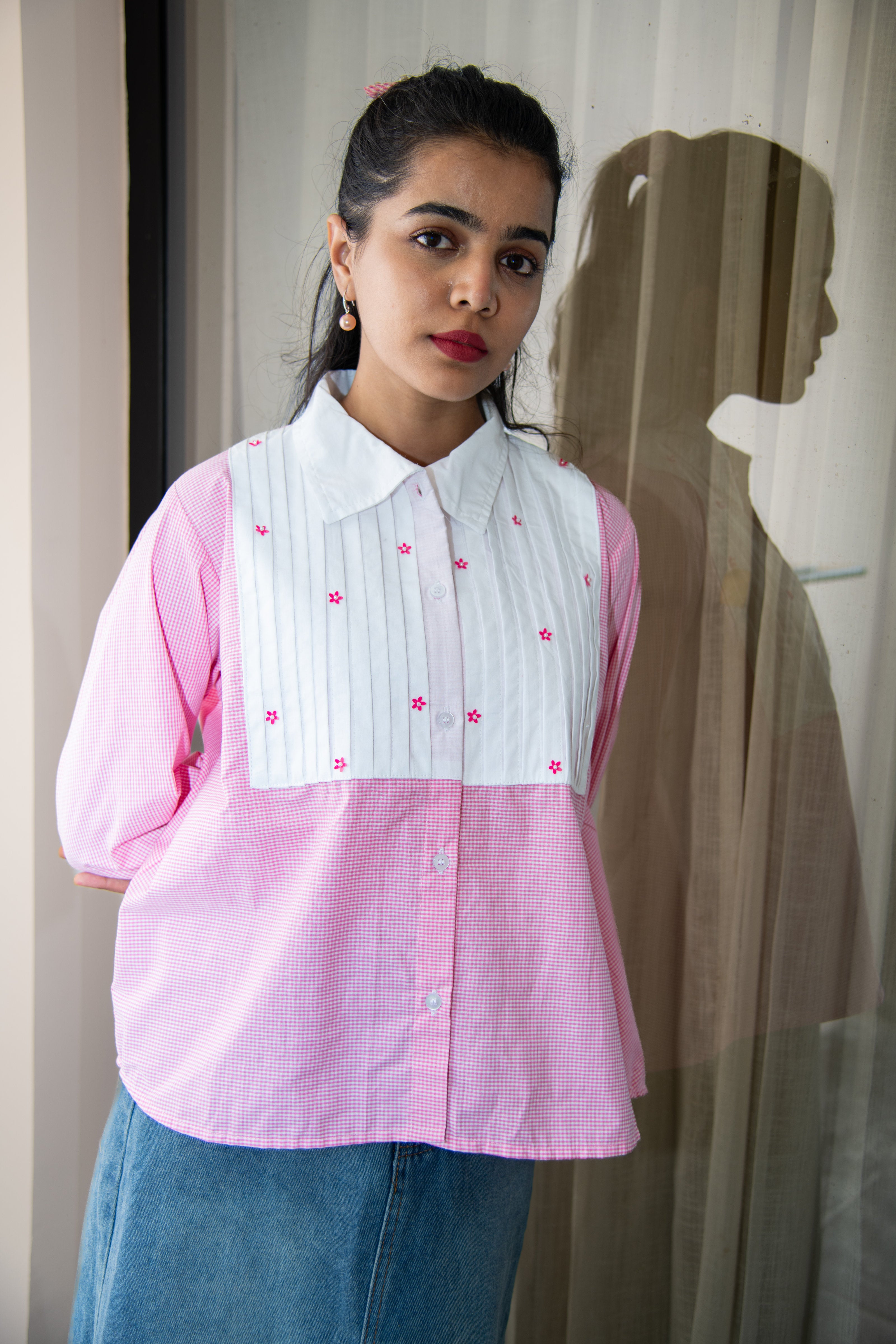 Pink Checks Cotton Shirt with Flower Embroidery