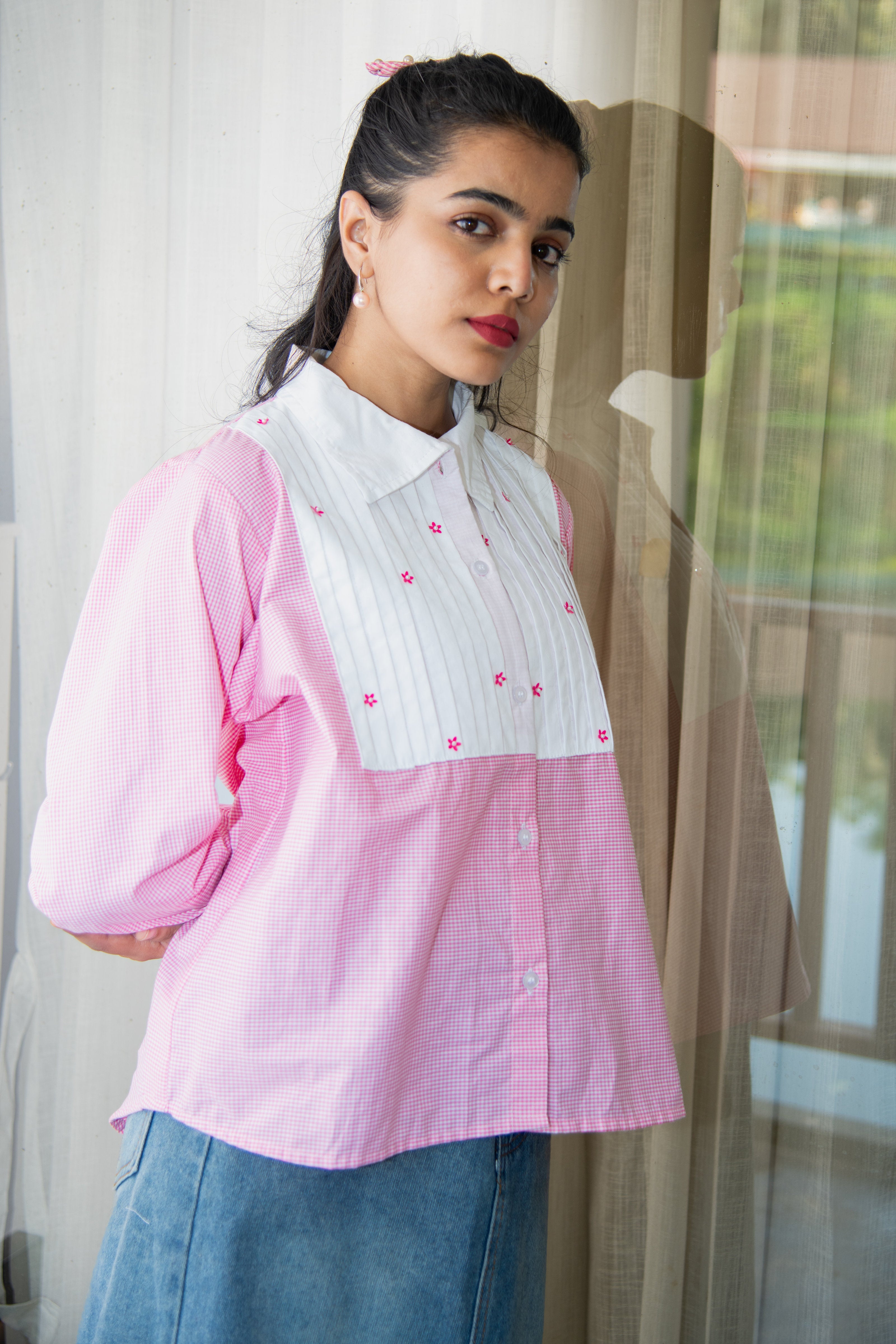 Pink Checks Cotton Shirt with Flower Embroidery