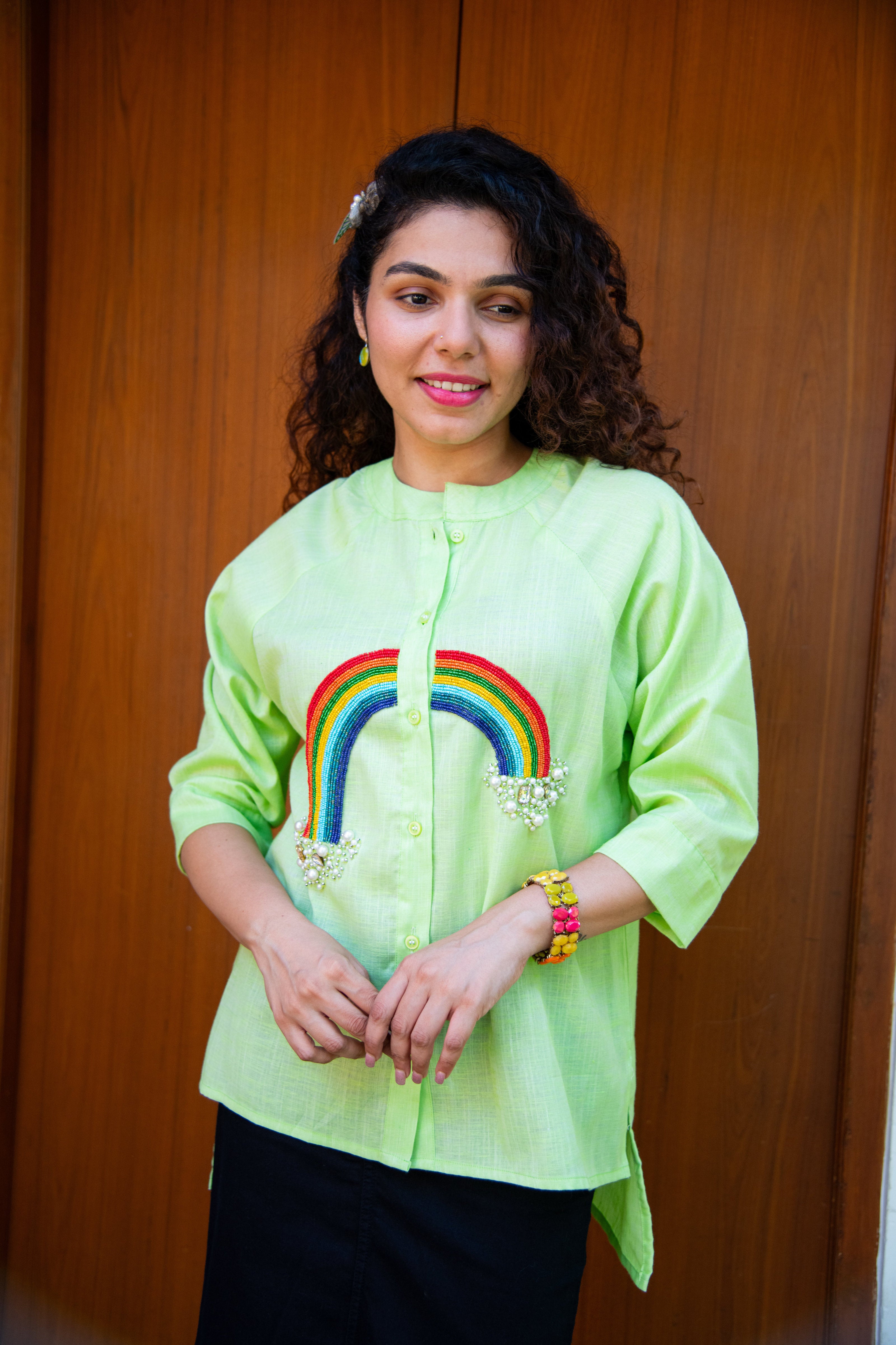 Green Slub Cotton Shirt with Rainbow Embroidery