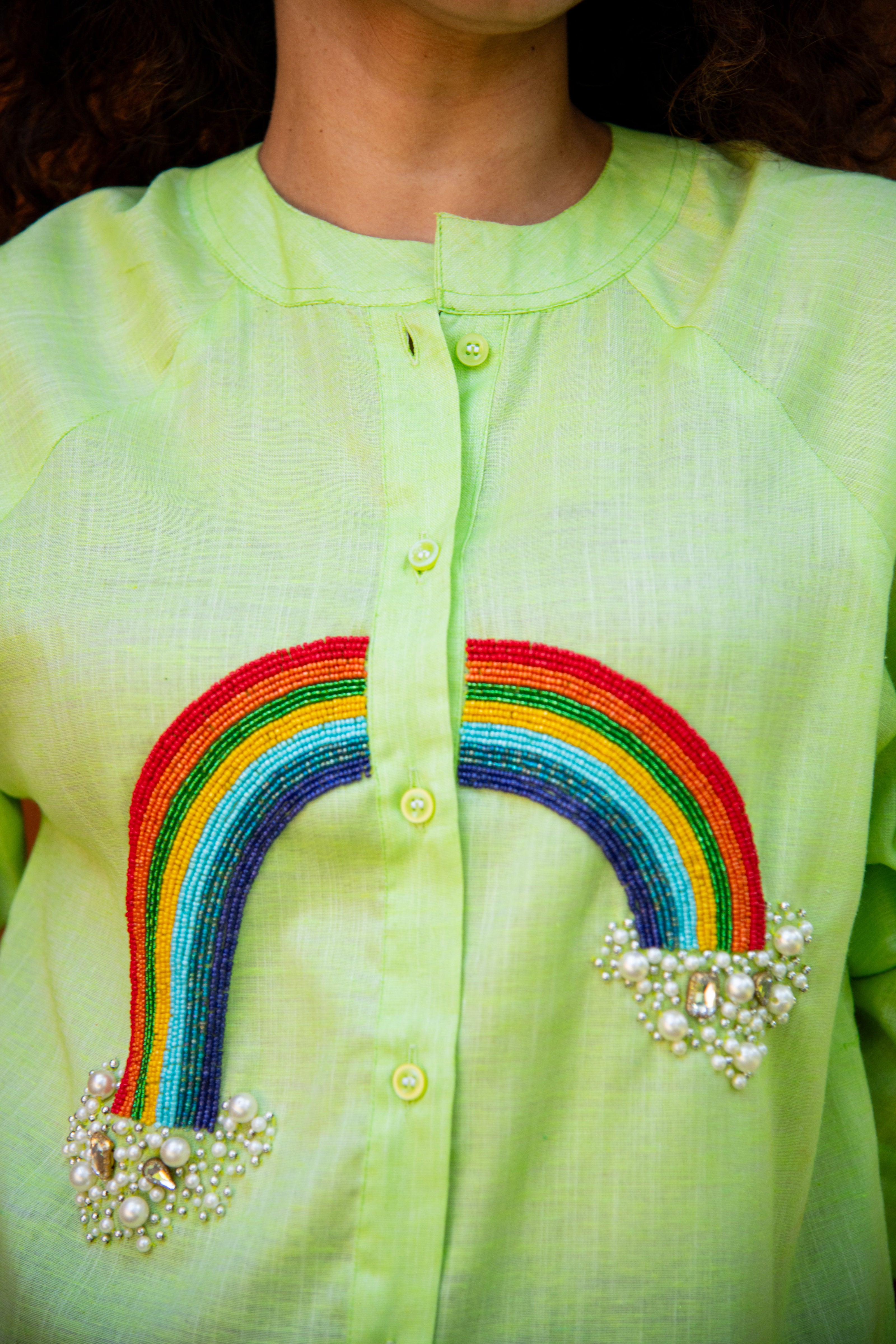 Green Slub Cotton Shirt with Rainbow Embroidery