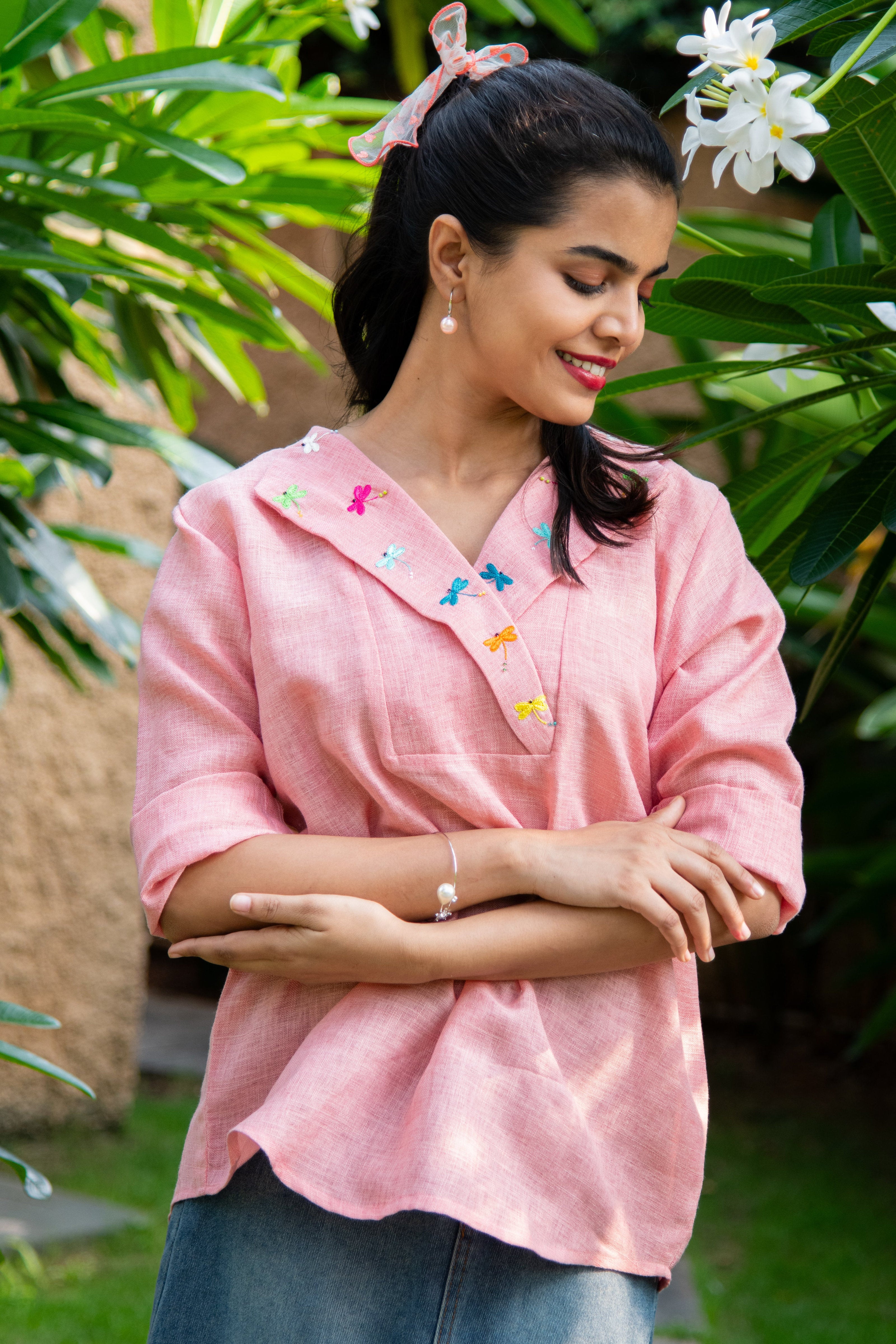 Peach Cotton Linen Shirt with Embroidered Collars
