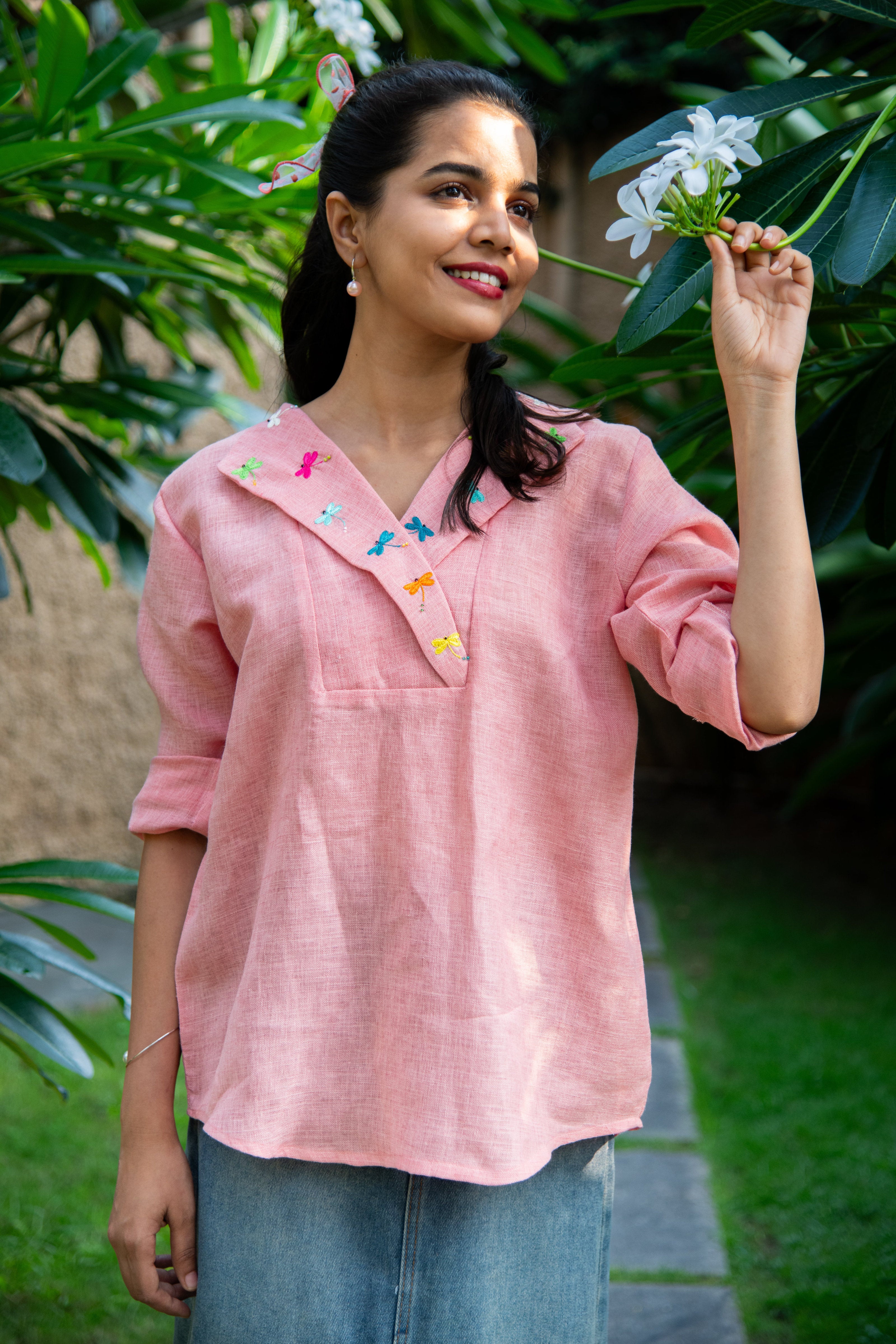 Peach Cotton Linen Shirt with Embroidered Collars