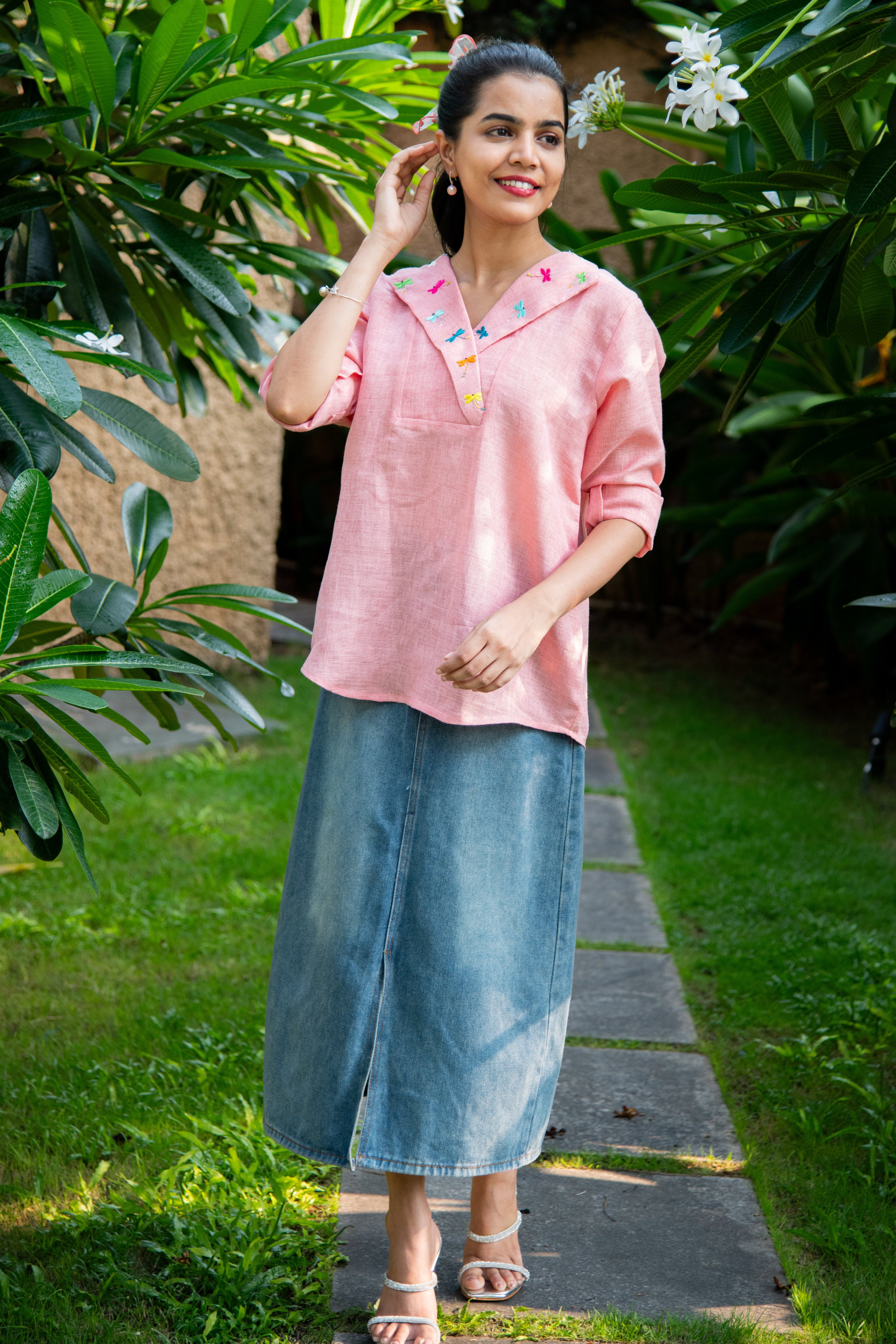 Peach Cotton Linen Shirt with Embroidered Collars