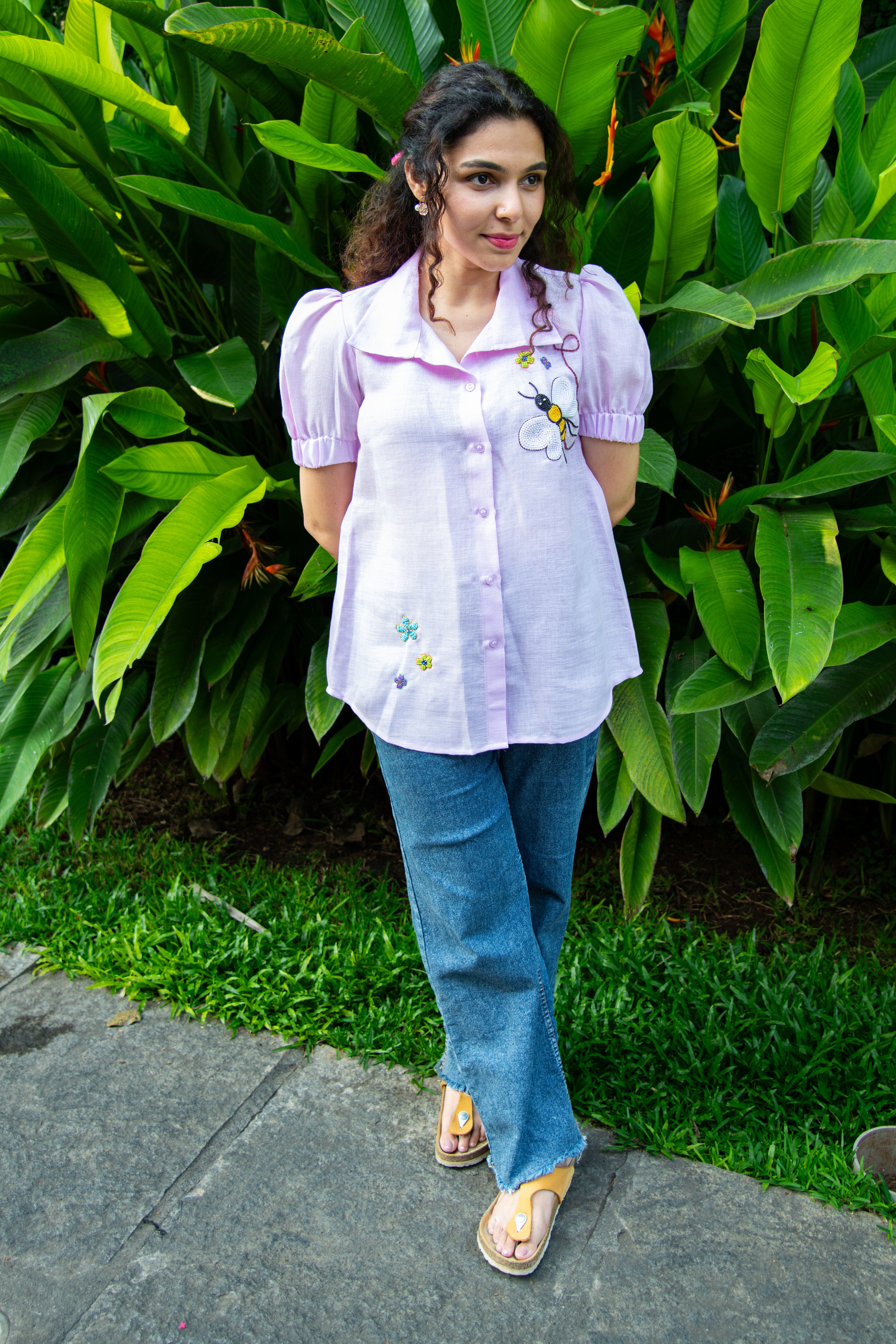 Lavender Cotton Linen Shirt with Honey Bee Embroidery