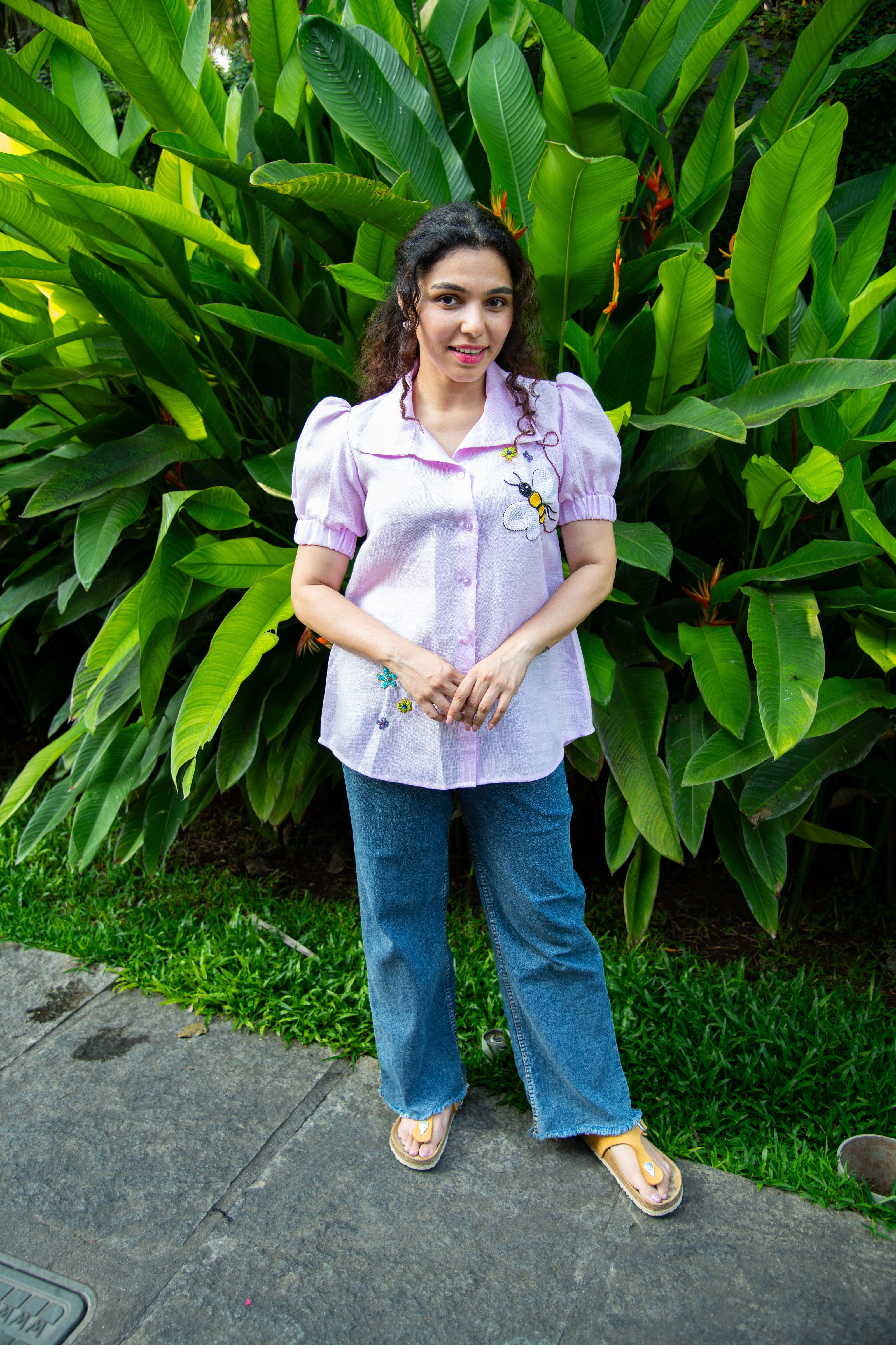 Lavender Cotton Linen Shirt with Honey Bee Embroidery
