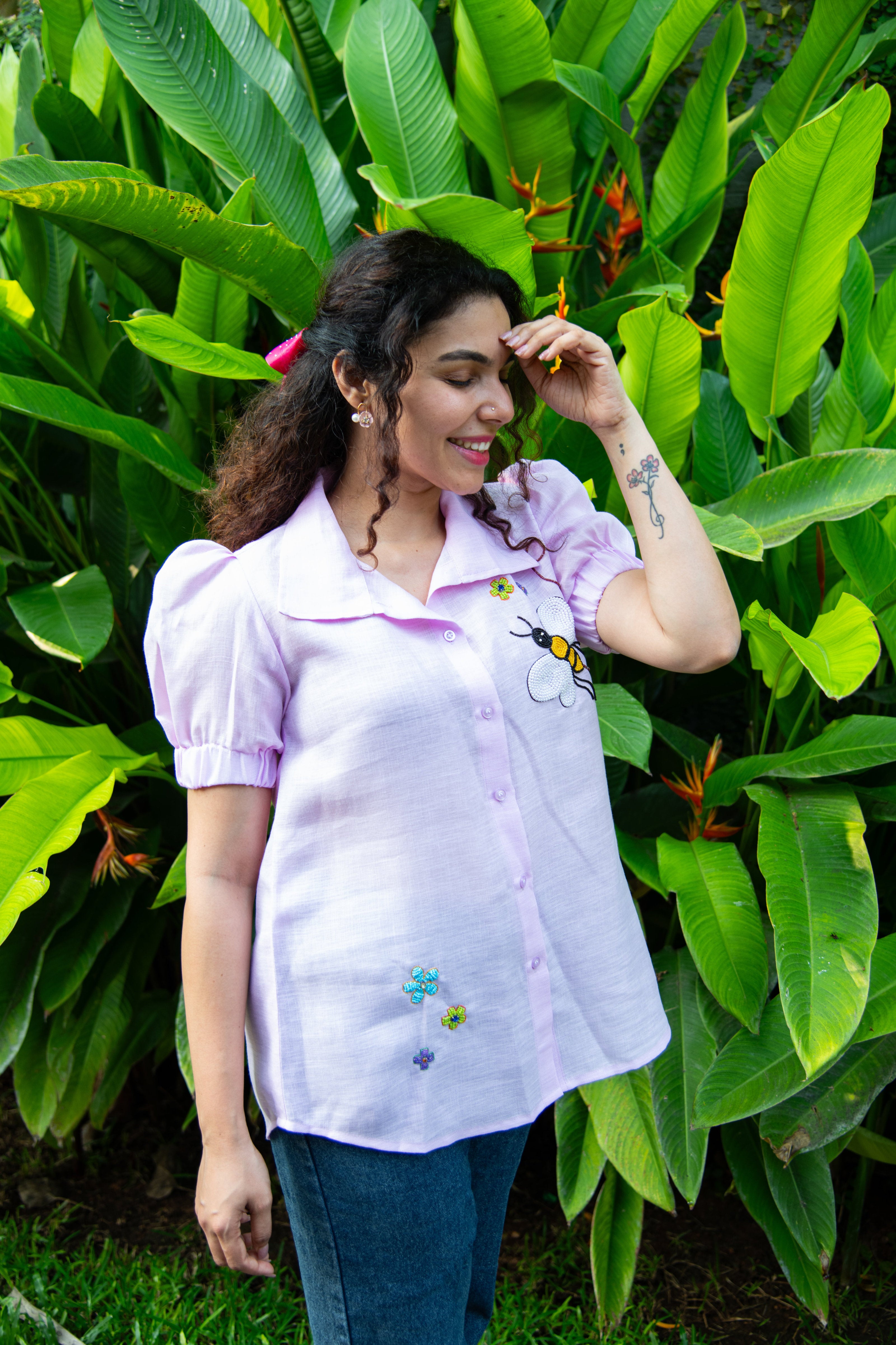 Lavender Cotton Linen Shirt with Honey Bee Embroidery
