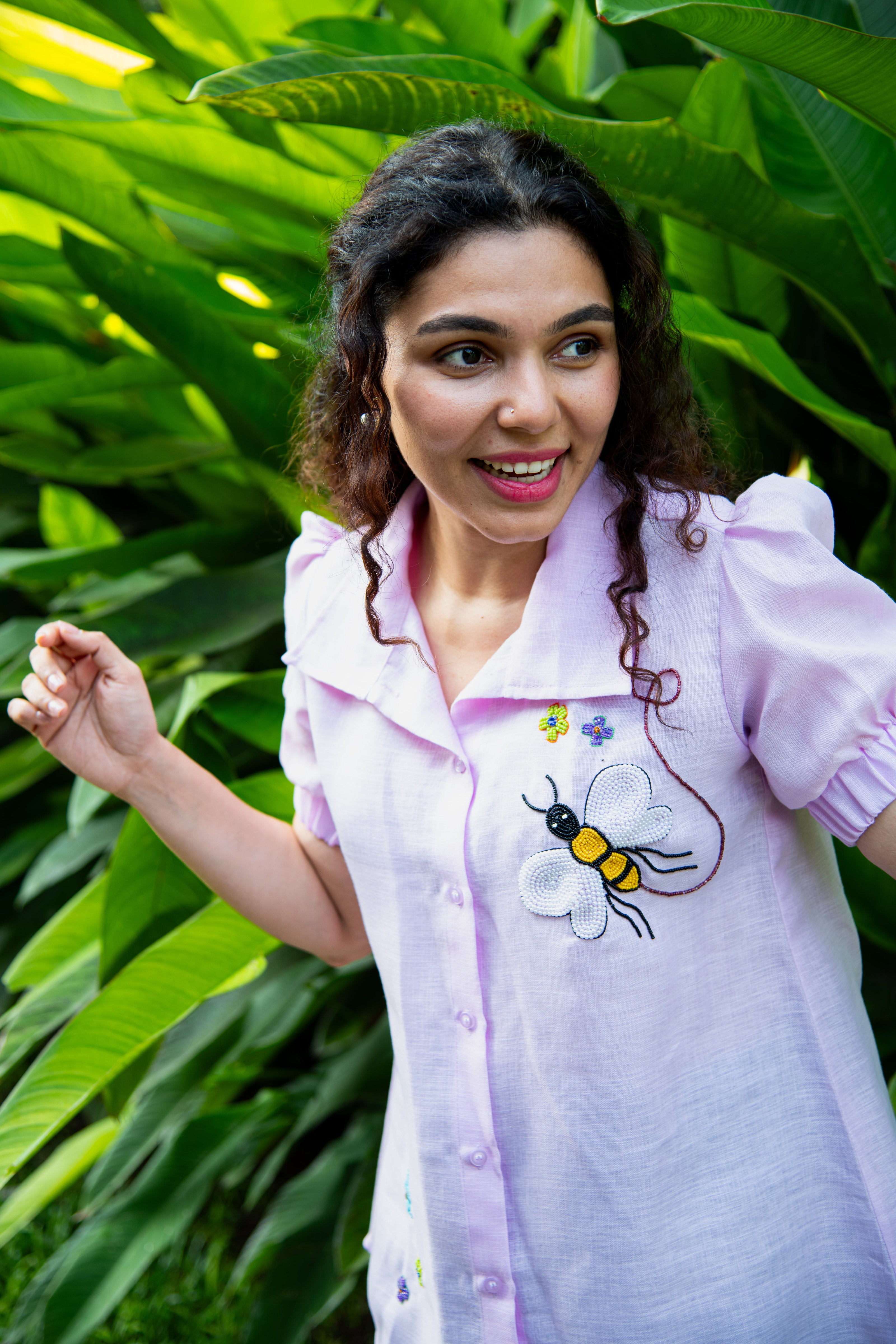 Lavender Cotton Linen Shirt with Honey Bee Embroidery
