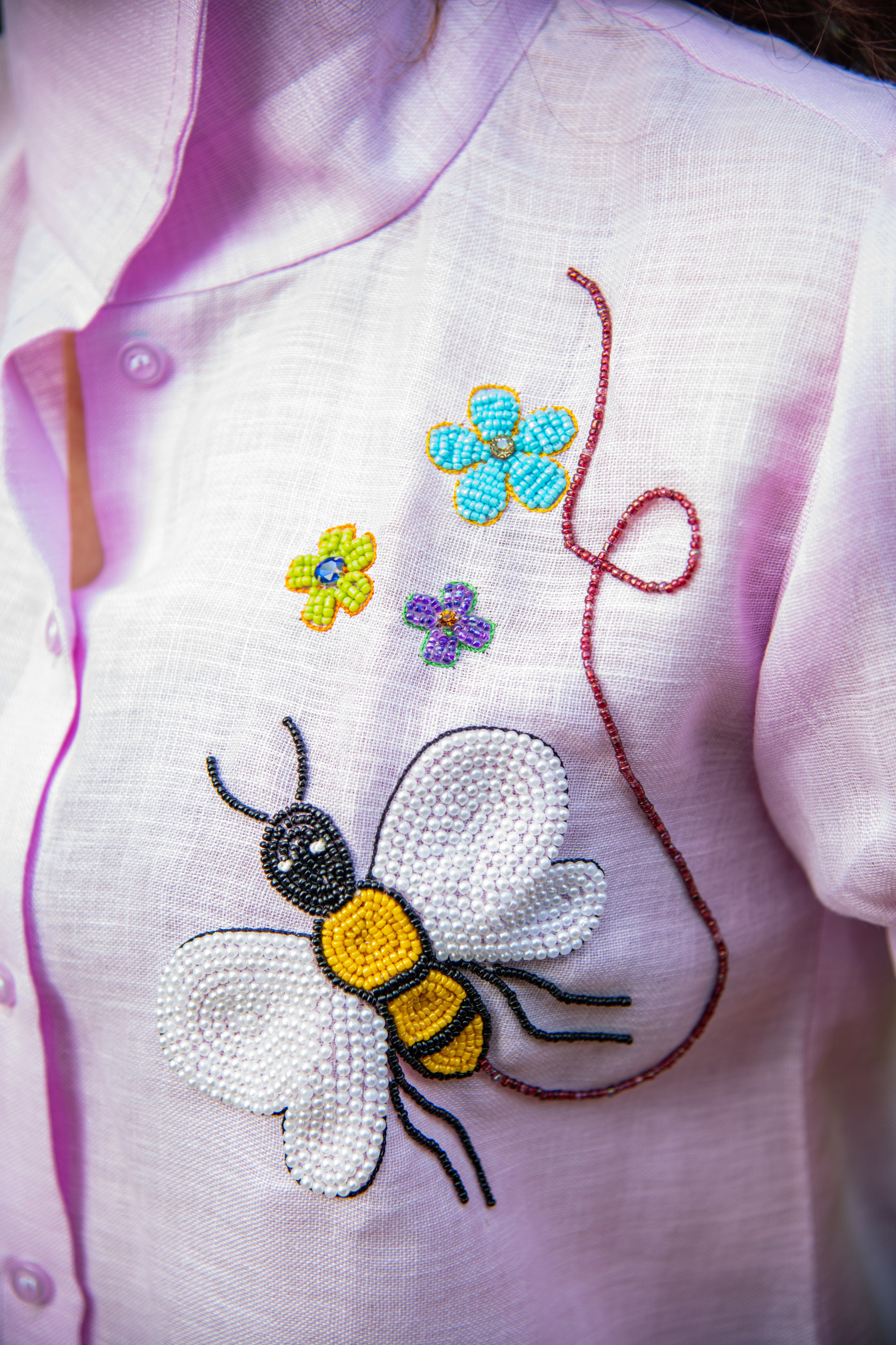 Lavender Cotton Linen Shirt with Honey Bee Embroidery