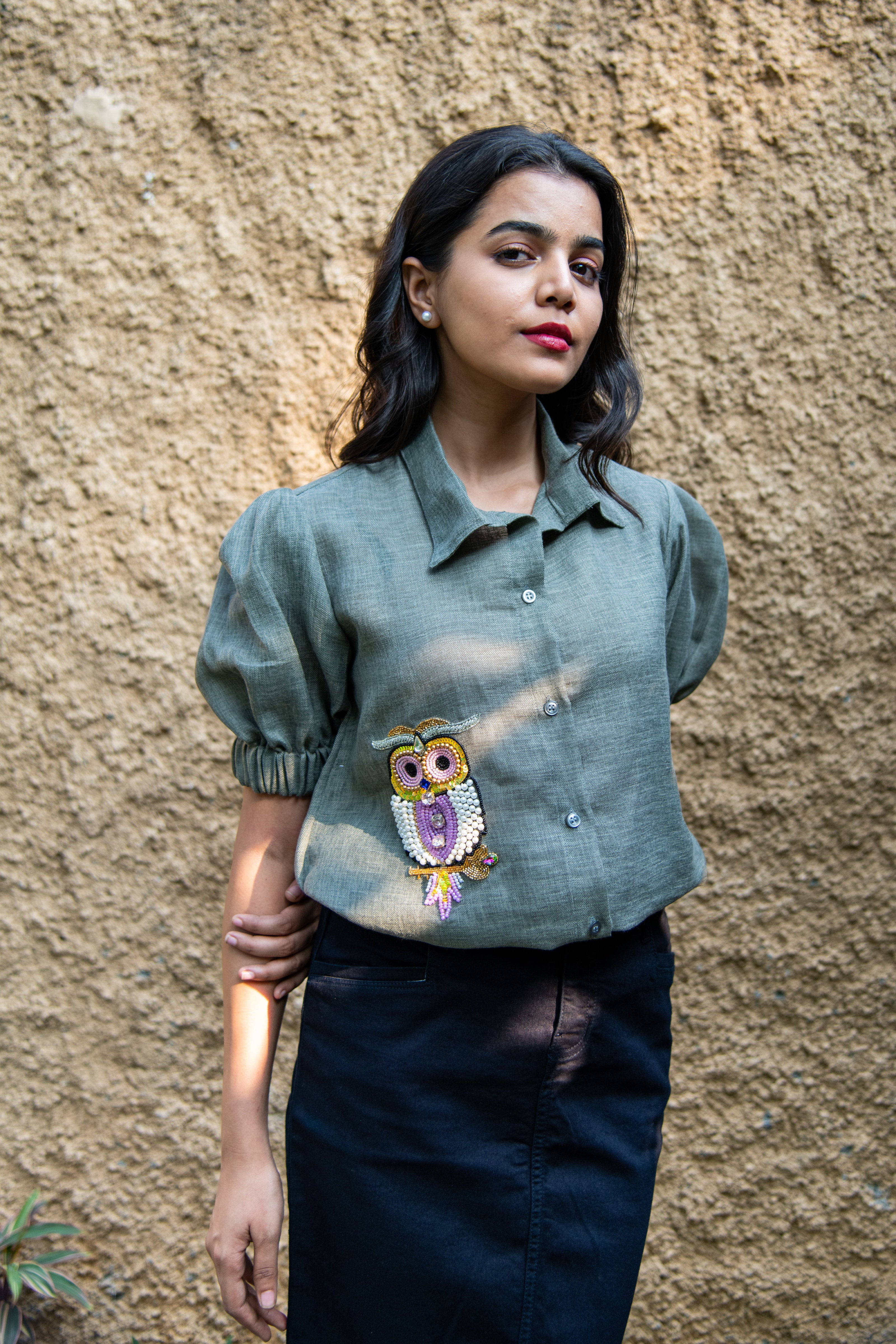 Grey Cotton Linen Shirt with Owl Embroidery
