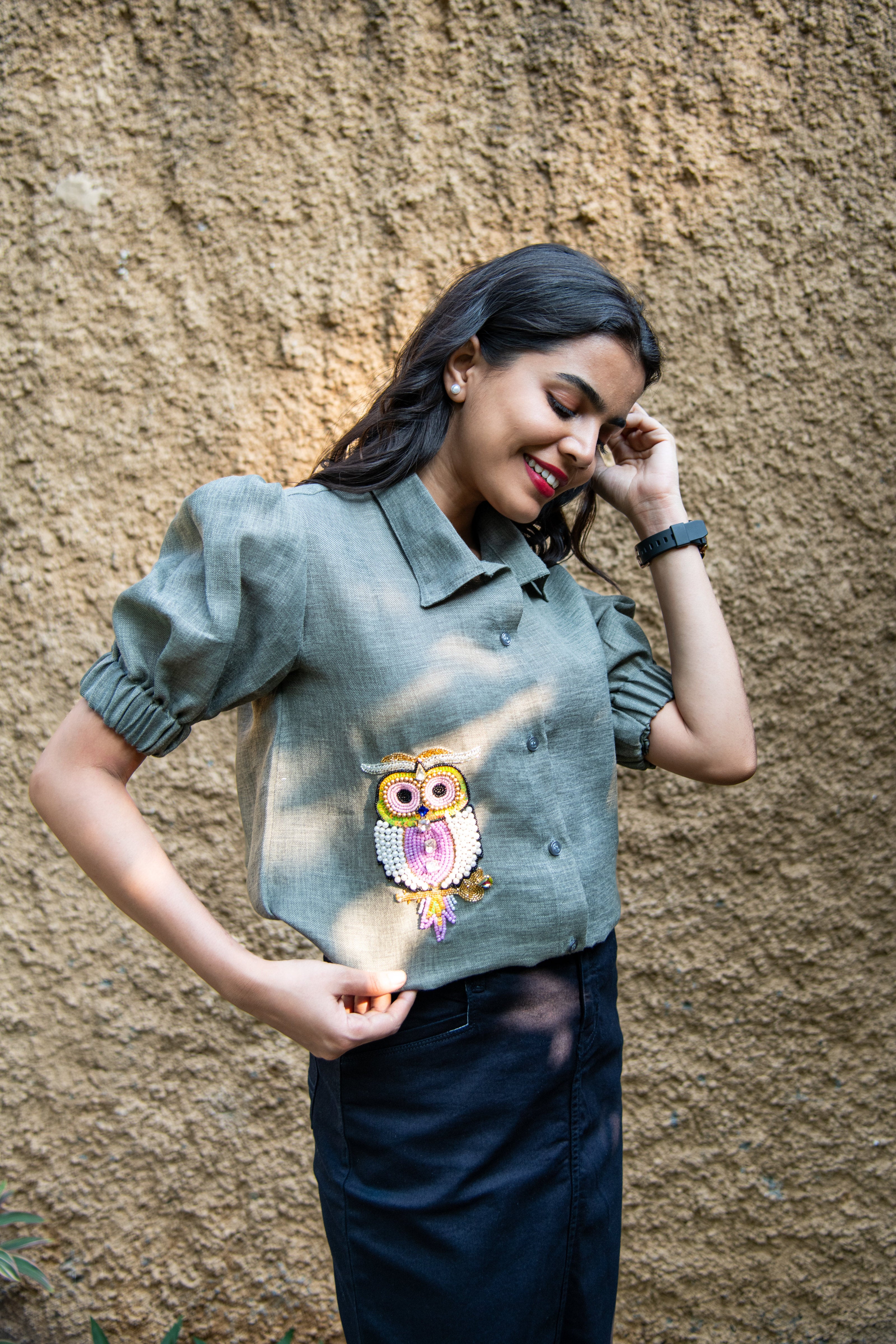 Grey Cotton Linen Shirt with Owl Embroidery