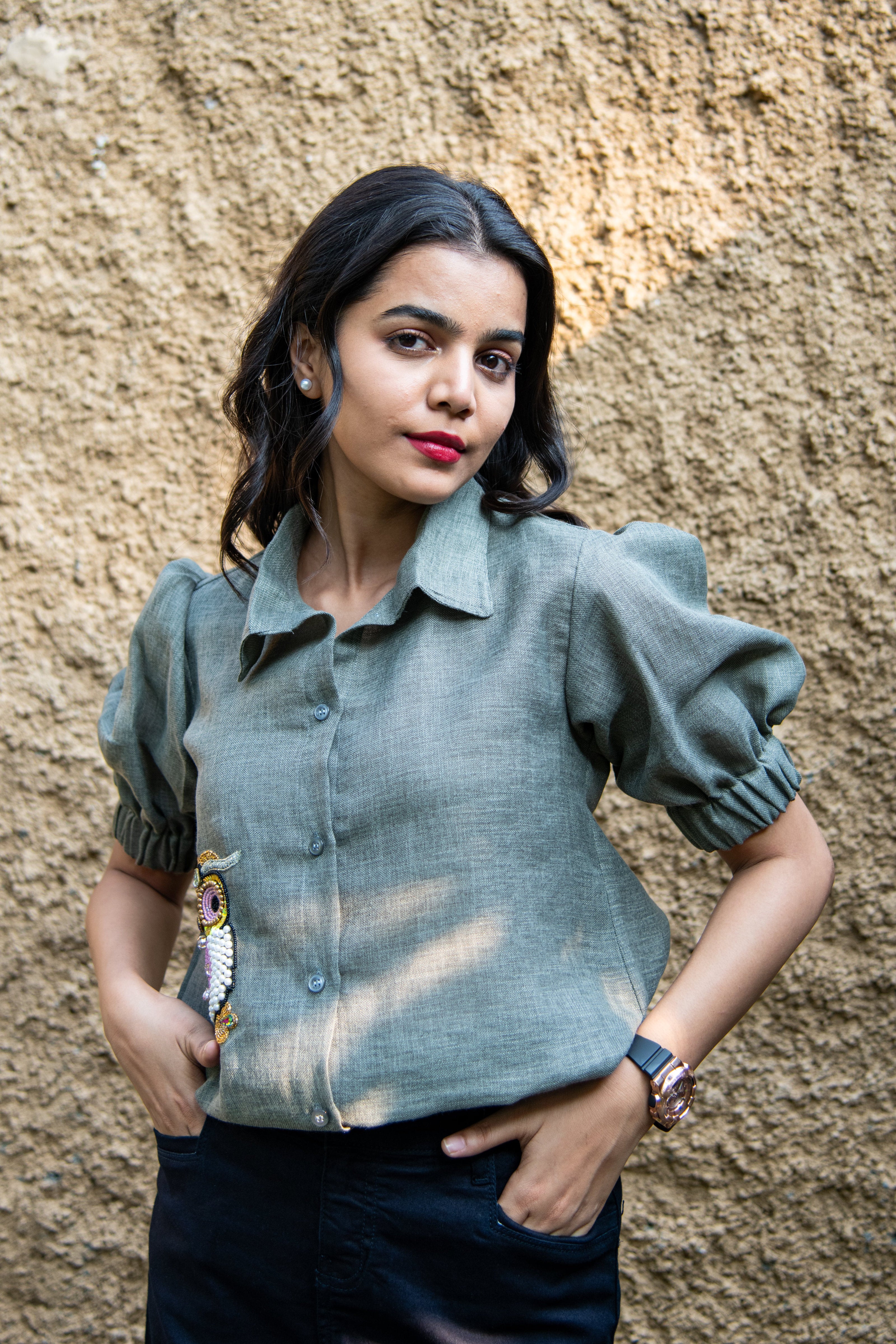 Grey Cotton Linen Shirt with Owl Embroidery