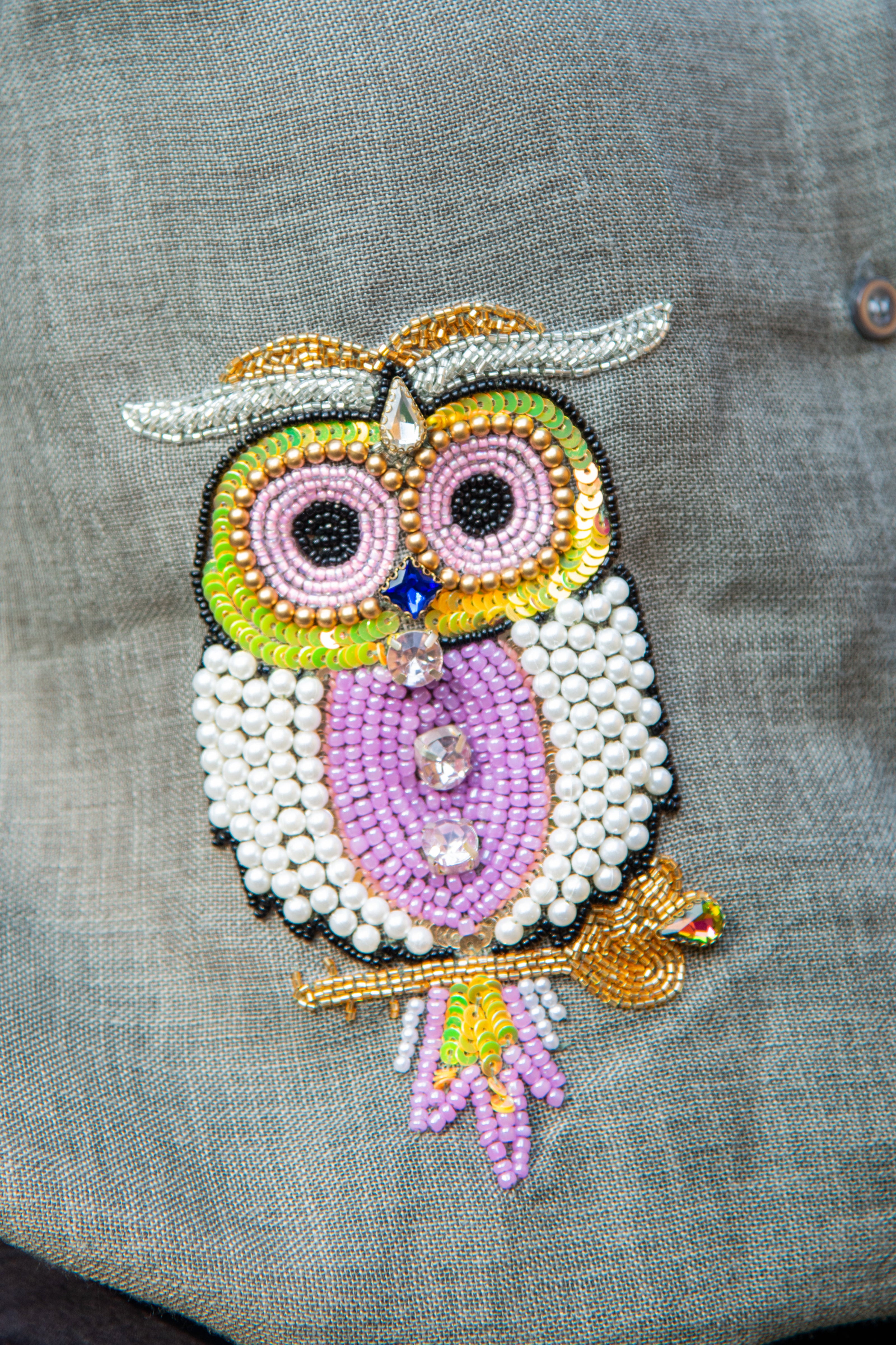 Grey Cotton Linen Shirt with Owl Embroidery