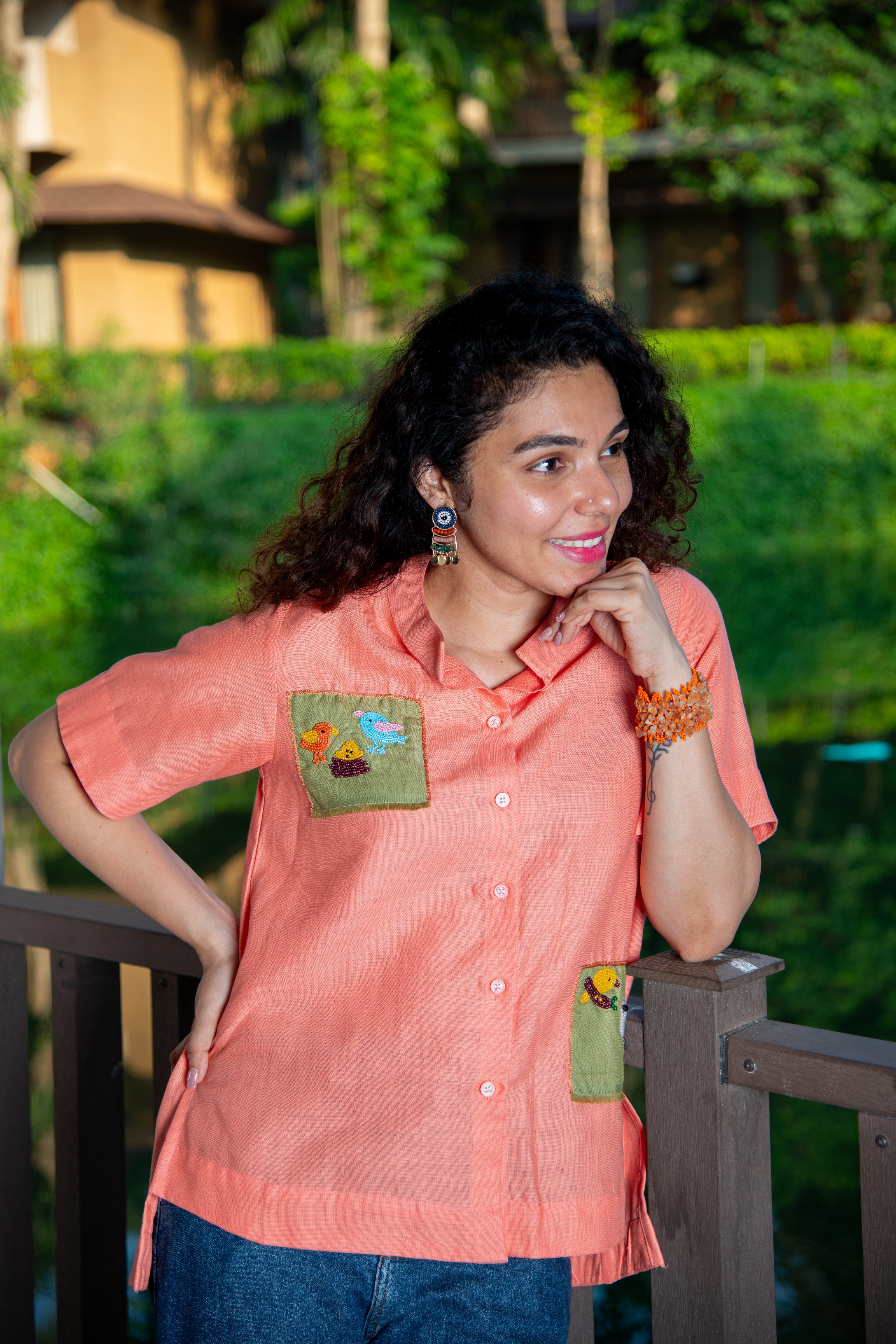 Coral Haze Cotton Shirt with Puppy Embroidery