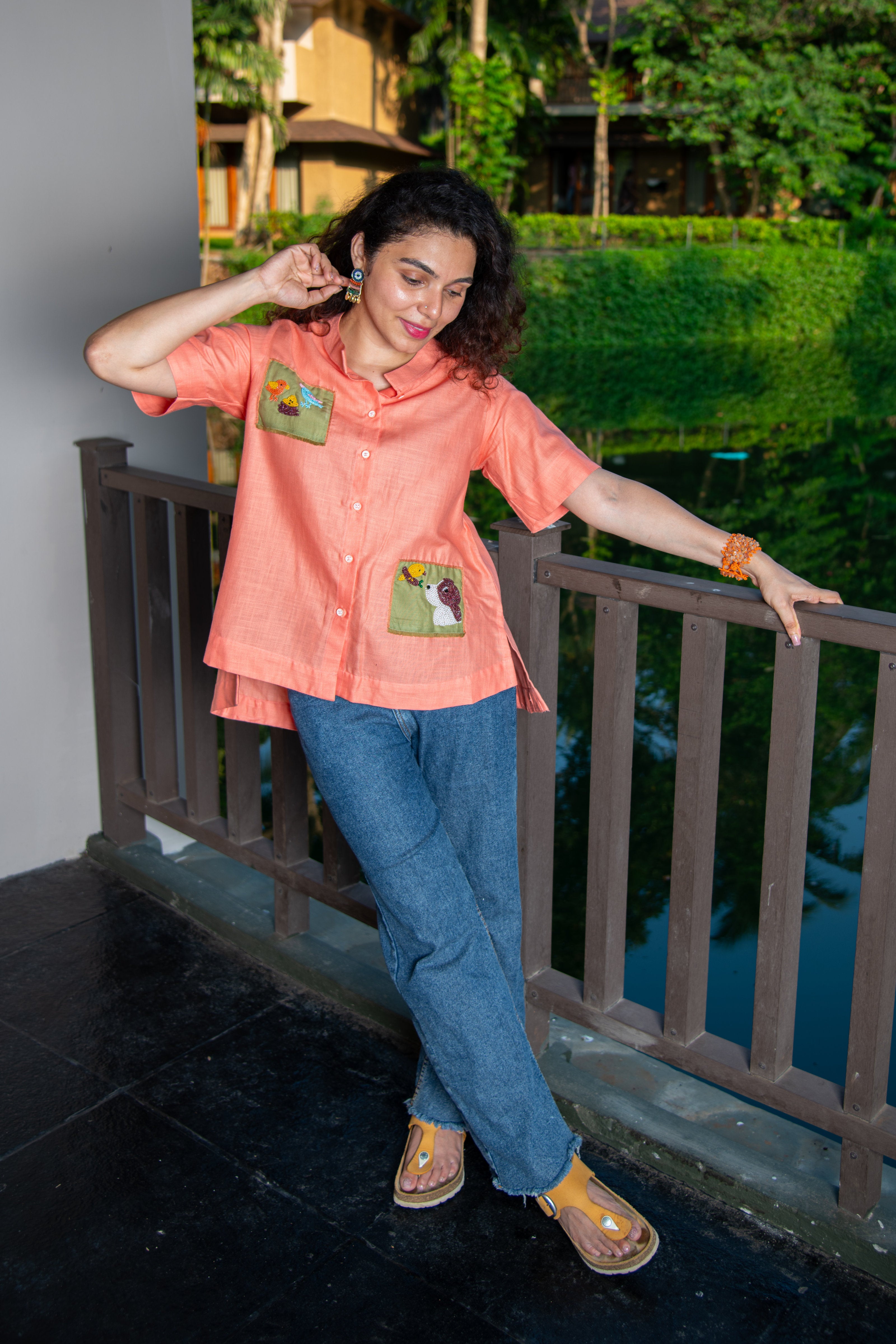 Coral Haze Cotton Shirt with Puppy Embroidery