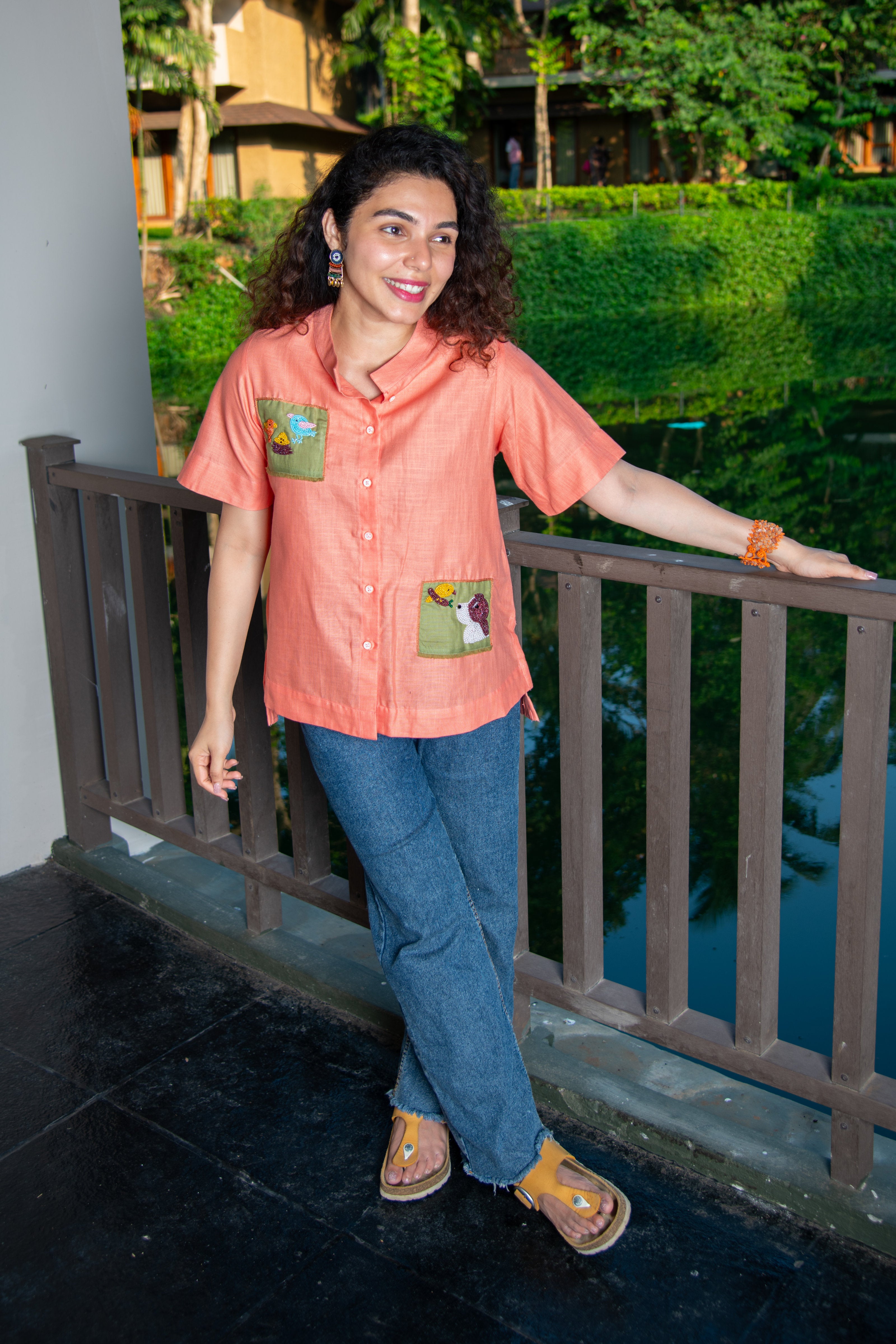 Coral Haze Cotton Shirt with Puppy Embroidery